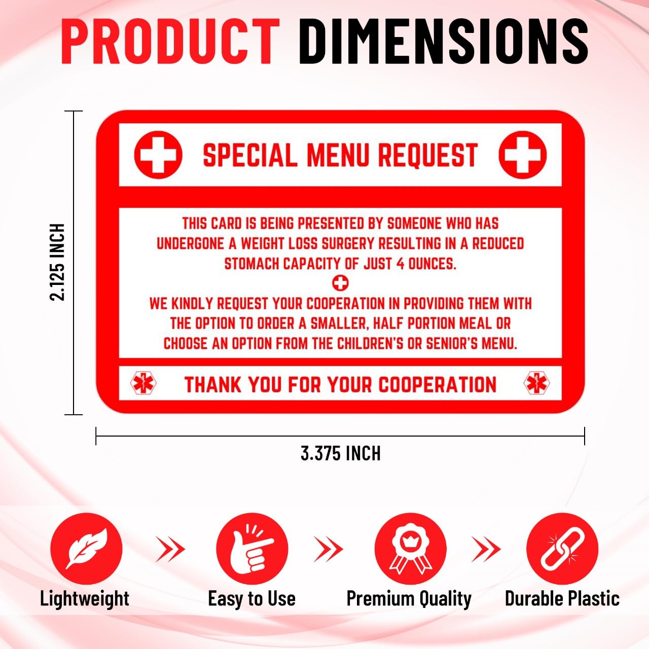 Bariatric Card for Restaurants, Special Menu Request Card, Portion Control Restaurant Request for Bariatric or Gastric Sleeve Patients, Wallet Sized, Set of 2 Cards (2, White, 3.375in x 2.125in)