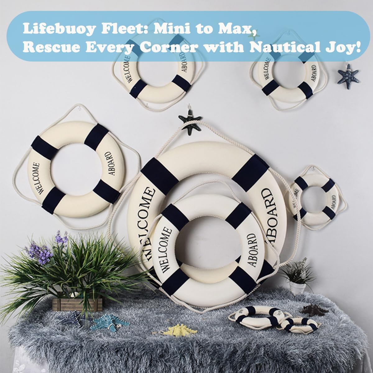 MorroMorn Lifebuoy Wall Hanging Decor - Welcome Aboard Mediterranean Style Home Decoration (Navy, 12")