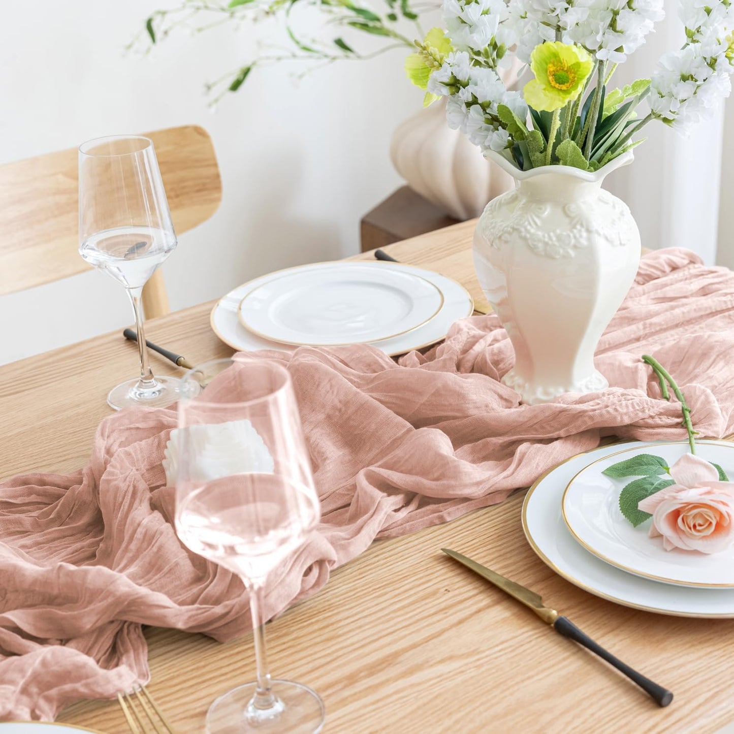 Asee'm 6PCS Table Runner Cheesecloth 10FT Dusty Pink Boho Gauze Fabric Rustic Sheer Cheese Cloth Runners for Wedding Bridal Shower Party