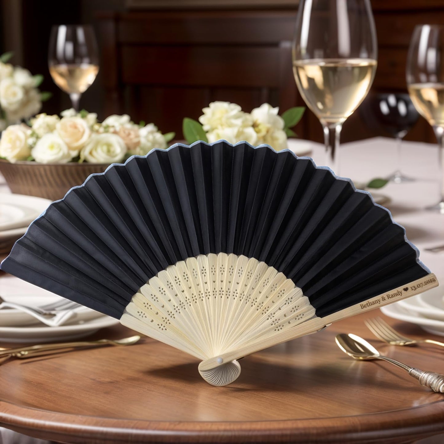 15Pcs Personalized Silk Fans Folding Hand Fan, Custom Wedding Bridal Party Favors, Summer Wedding Bride, Wedding Gift, Thank You Gift (Black)
