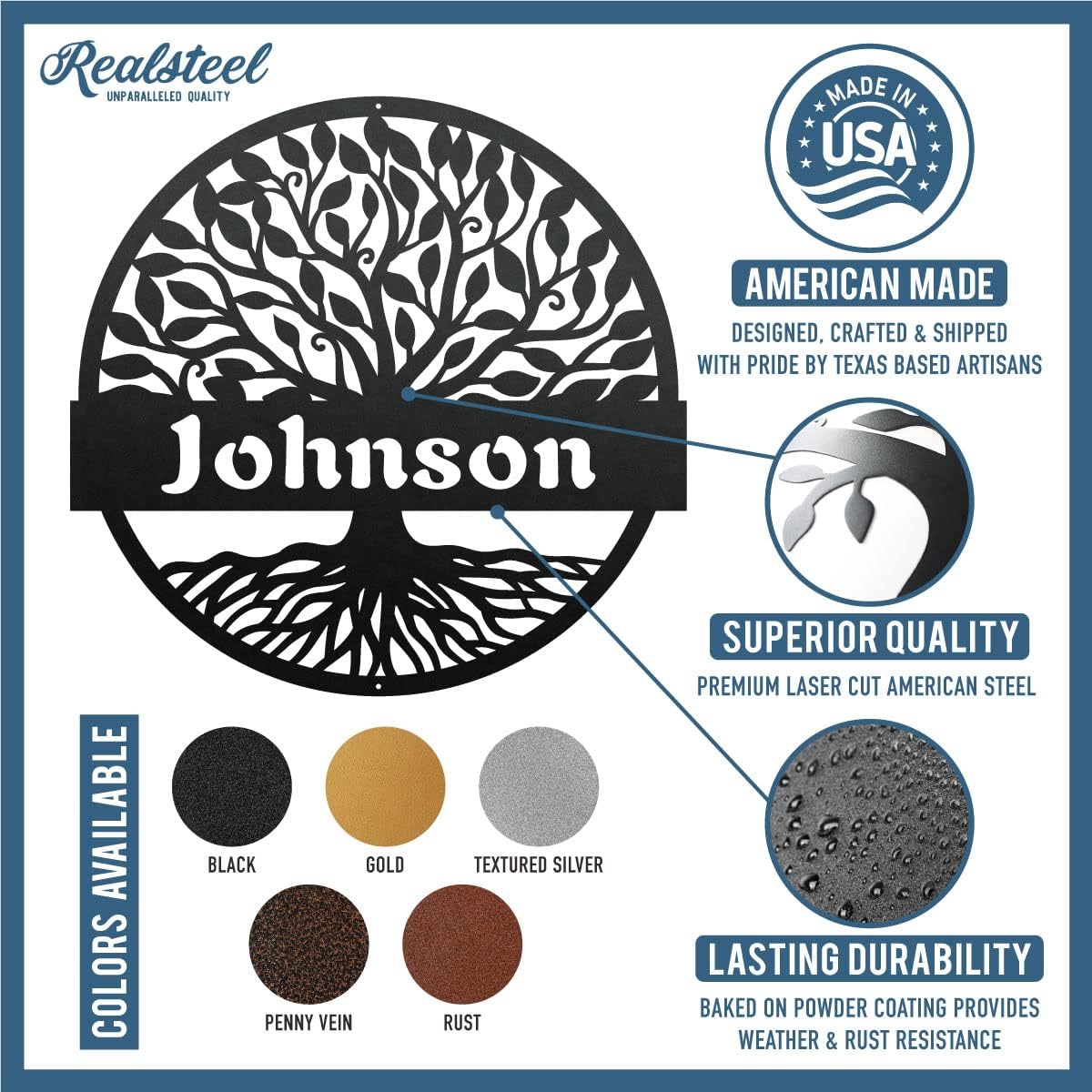 RealSteel Personalized Metal Wall Art - Custom Tree of Life Design with Family Name - Circular Metal Sign - Personalized Wedding, Anniversary, or Housewarming Gift - Rust, 18"