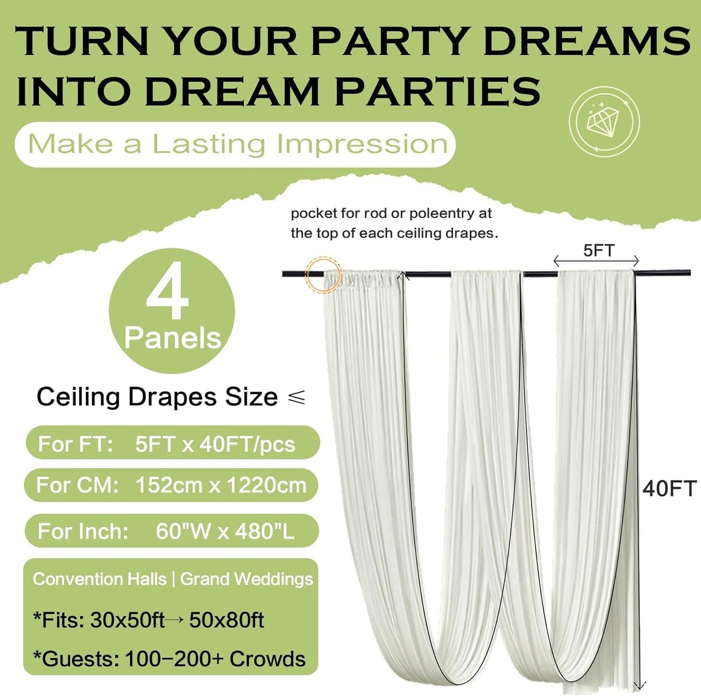 PartyVillage 20ftx40ft Ivory Ceiling Curtain for Wedding Parties – 4 Panels Wrinkle-Free 40 FT Long Tent Draping Curtains for Wedding, Birthday & Theme Parties, 40ft Height with Rod Pocket