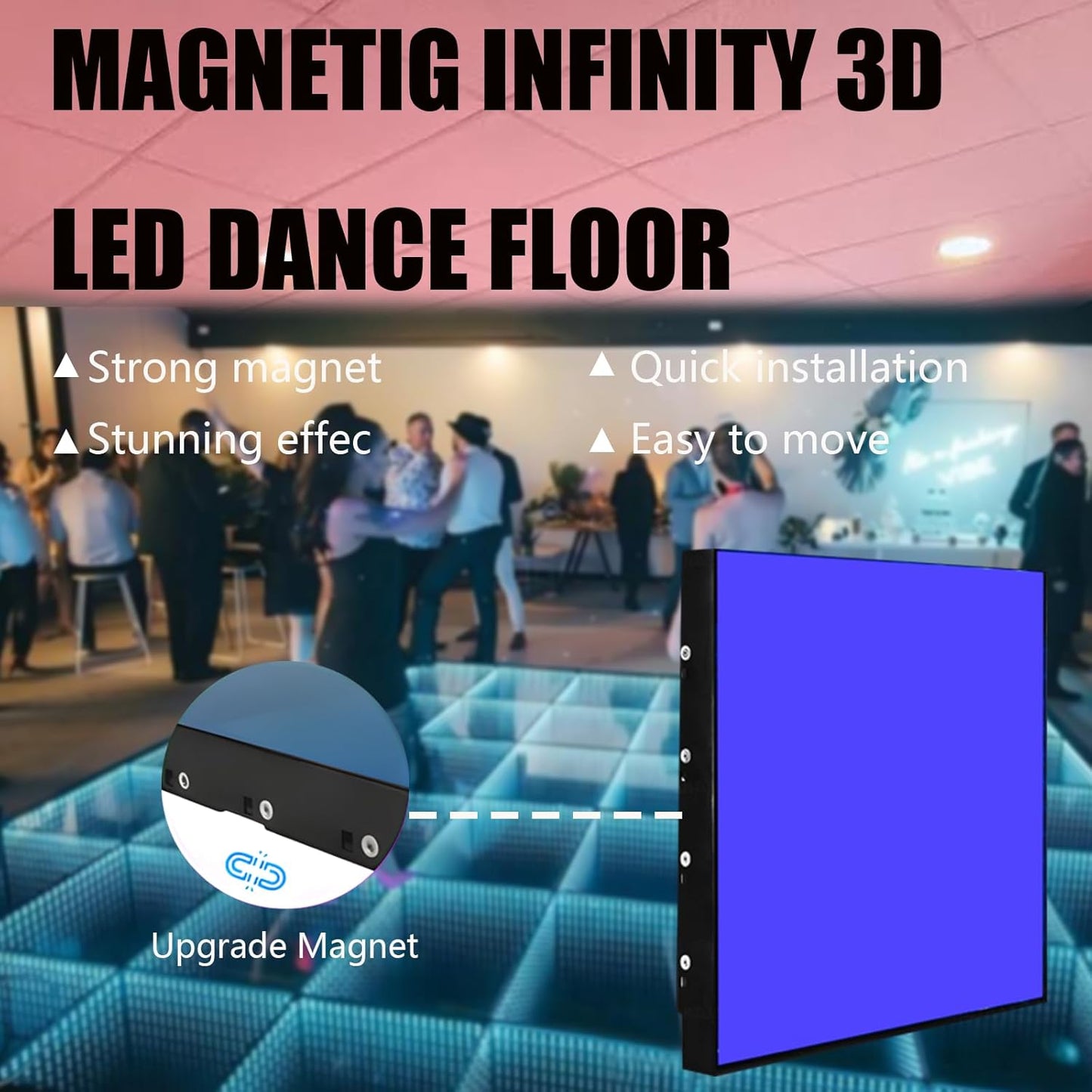 Dance Floor Stage Lights Tempered Glass Infinity Mirror Panel 3D Effect Led Dance Floor for Wedding Party Customizable (RGB-Magnetic, 81PCS(14.8FTX14.8FT))