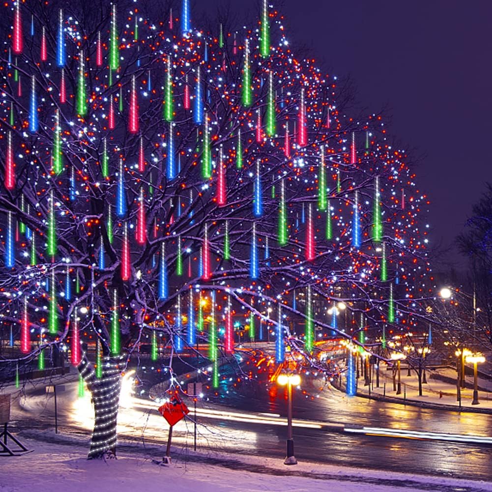 Meteor Shower Lights UL Certified 192LEDs 8 Tubes Falling Rain Drop Christmas Icicle Cascading Lights for Xmas Tree Halloween Decorations Wedding Party Holiday Garden Decor, Multicolor