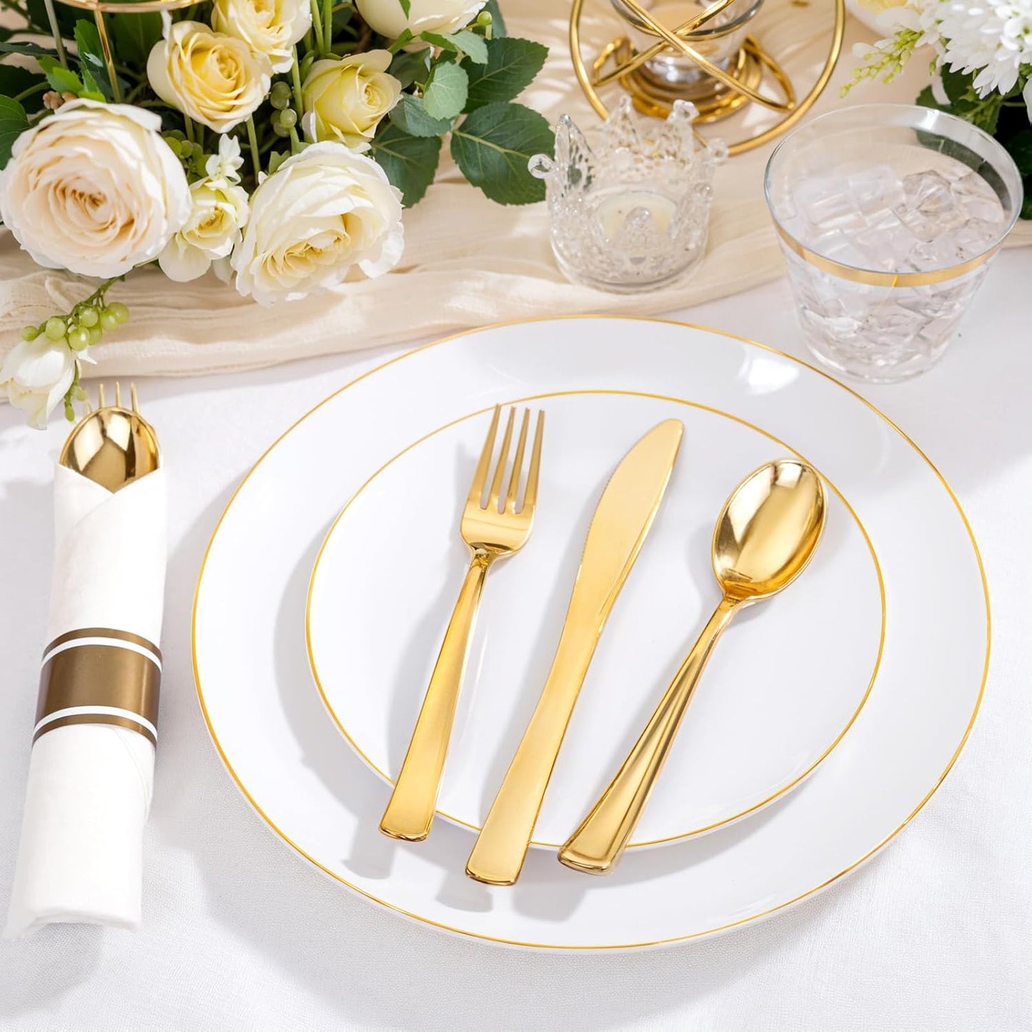 KIRE 175PCS Gold Plates Disposable - Heavy Duty White and Gold Plastic Plates Dinnerware Sets - 25 for Dinner 25 for Dessert 25 Pre Rolled Napkins and 25 Cups for Birthday/Thanksgiving Party/Wedding