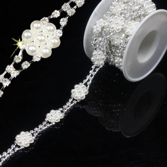PEARLY JUN 2 Yards Pearl Rhinestone Trim Chain Silver Crystal Fringe Diamond Applique Ribbon String Tassel Strip for Sewing Wedding Dress Crafting Crafts Flower Embellishments