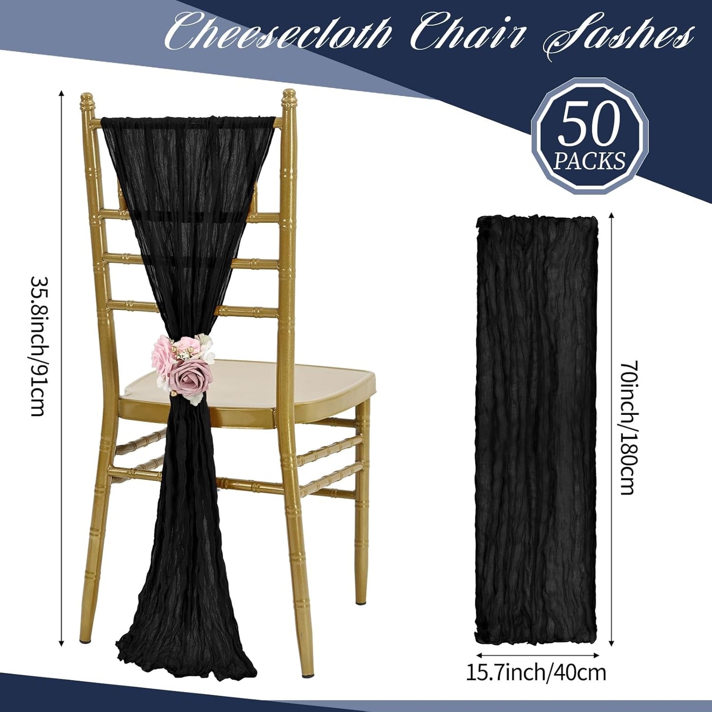 50 PCS Cheesecloth Chair Sashes, Bows Designed ChairSashes, 15.7x70 inch Chair Sashes for Aisle Decorations Universal Chairs Cover Decoration for Wedding Reception Party Banquet (Black)