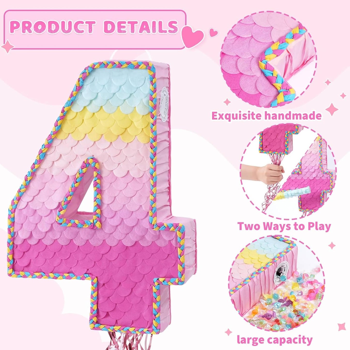 WERNNSAI Pink Sweet Four Pinata - Number 4 Pinata Happy Birthday Decoration Pink Rainbow Design Party Games for Girl Princess Baby Shower Party Favor with Blindfold Anniversary Celebration Supplies