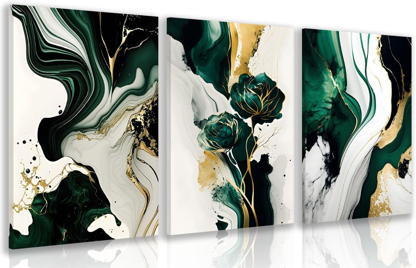 IAFWZX Framed Green Gold Abstract Wall Art, Emerald Marble Textured Wall Decor, Contemporary Line Flower Canvas Paintings, Abstract Floral Poster Prints for Living Room Bedroom Office 16"x24"x3