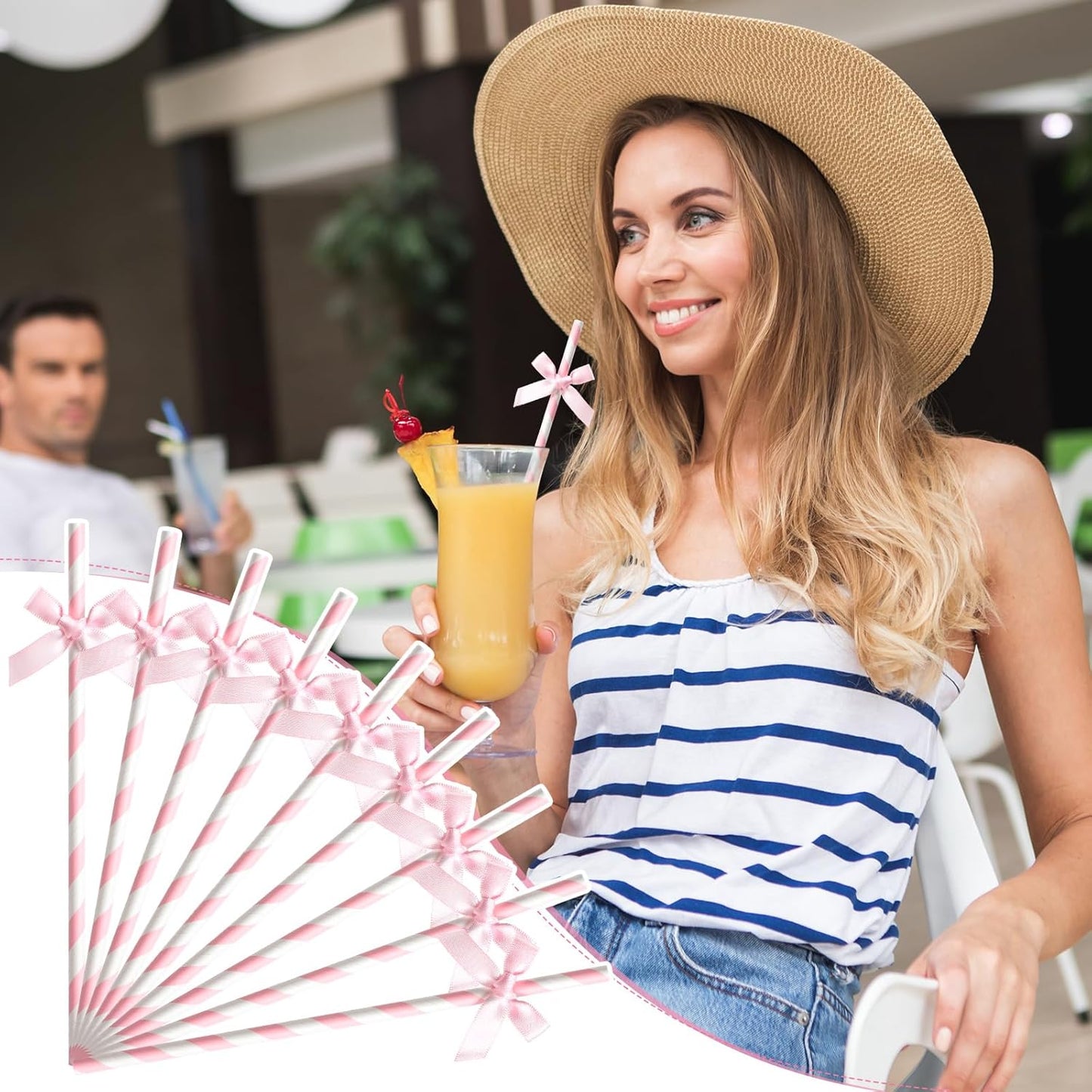 50 Pcs Pink Paper Straws for Drinking, Bow Disposable Striped Paper Straws Bulk Pink Theme Birthday Party Supplies for Wedding Cake Decorations Bachelorette Baby Shower