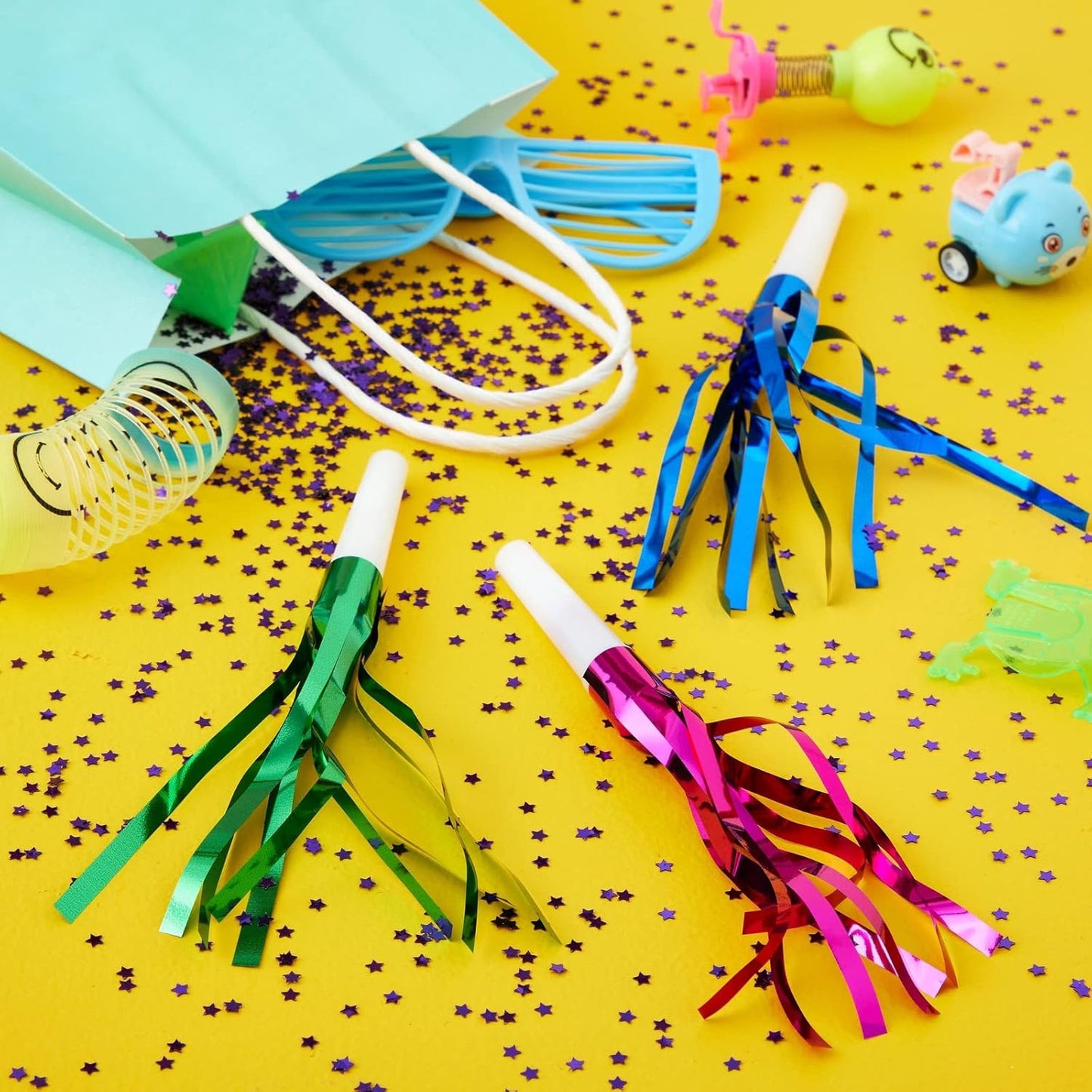 Juvale Party Noise Makers & Horns 50-Pack 5 Colors - Plastic Blow Pipes with Tinsel Fringe - Bulk Party Blowers - Birthday & Sporting Event Favors