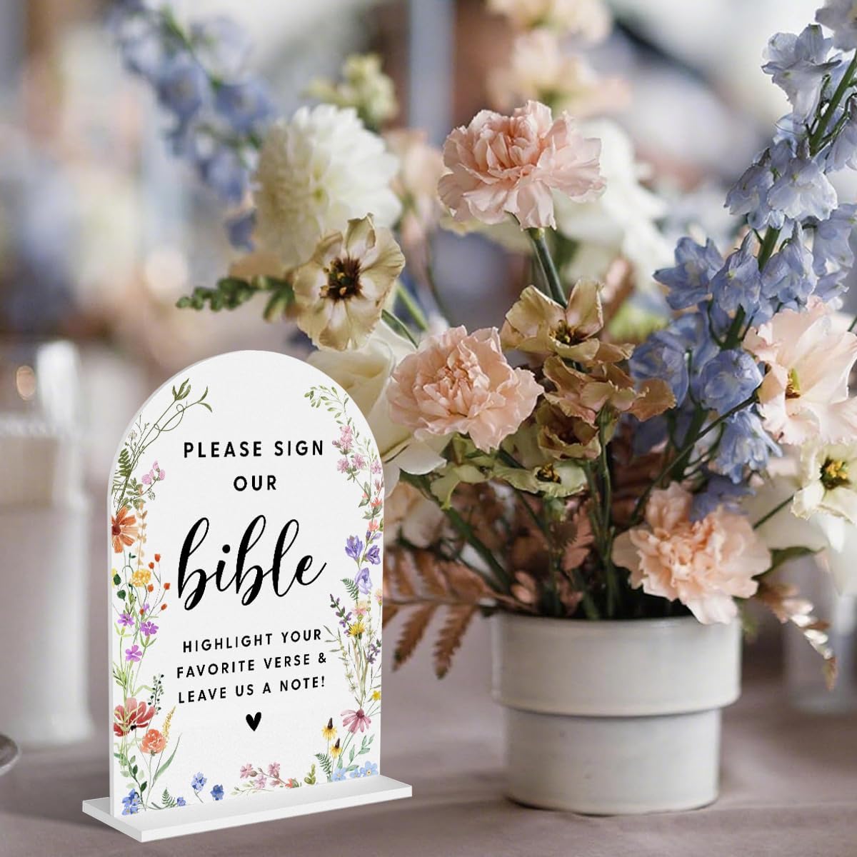 Acrylic Wedding Signs, Please Sign Our Bible Signs for Marriage Reception, Bridal Shower Decorations, Modern Arched Round Top Acrylic Table Top Sign with Holder for Wedding Party (White Wildflowers)