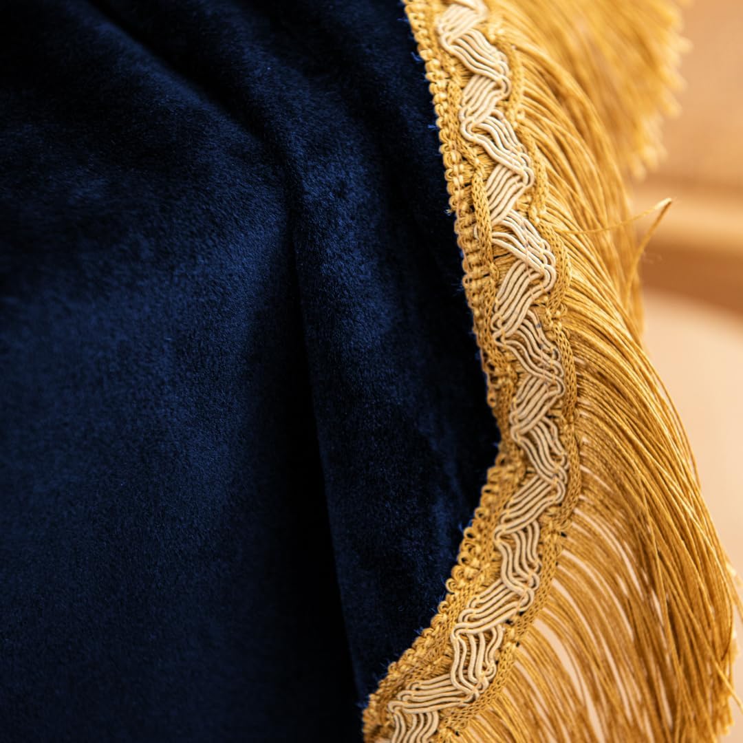 F-CHU Small Square Velvet Tablecloth with Beautiful Gold Tassels Vintage Table Cloth for Home Decor Wedding, Party, Banquet and Events 36x36-Inch，Blue