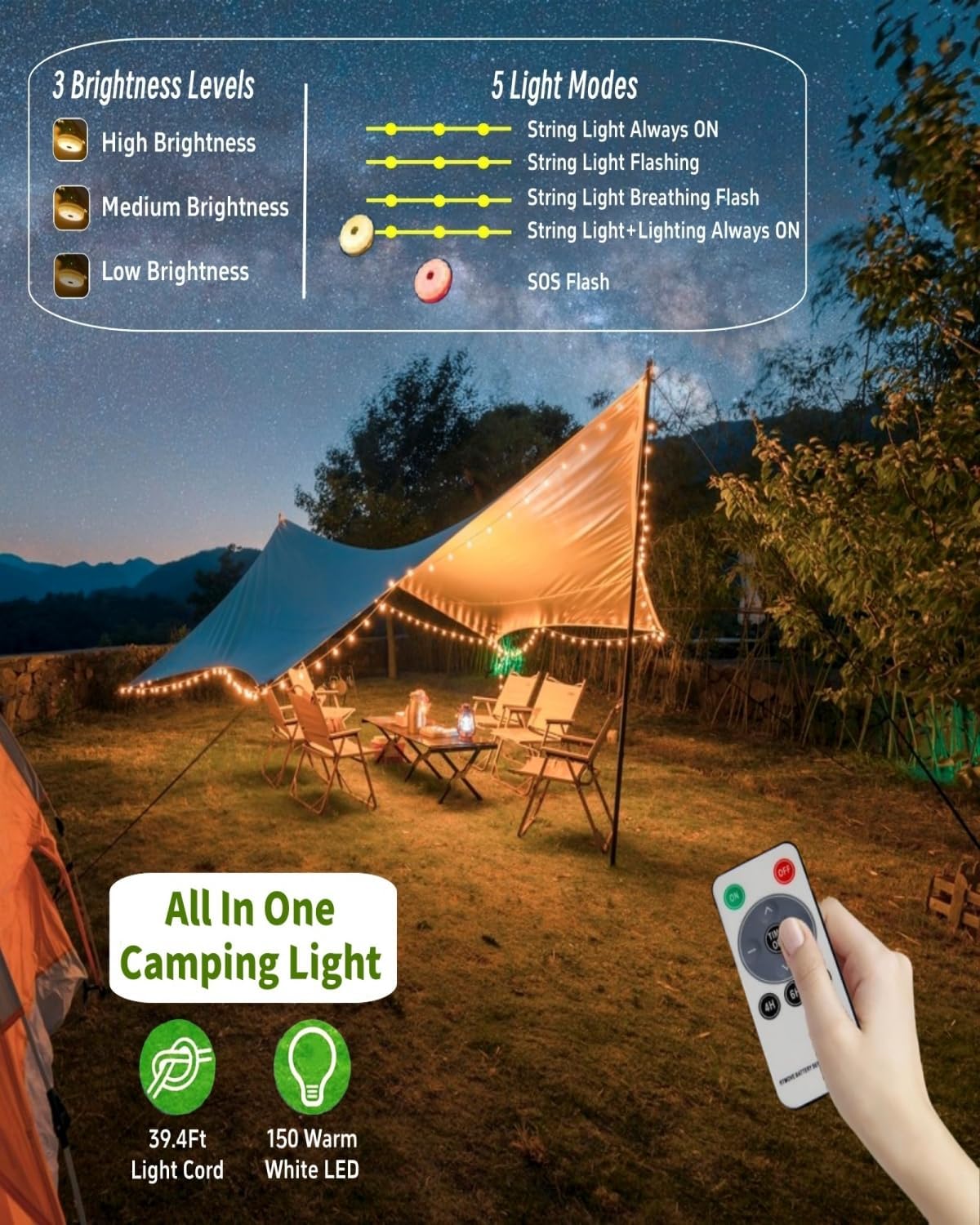 Solar Camping String Lights, 39.4FT Fairy String Lights 150LEDs, Portable Waterproof Camp Lamp with 8 Lighting Modes, Hanging Rechargeable Tent Lantern for Garden Party Christmas Decor-Remote Control