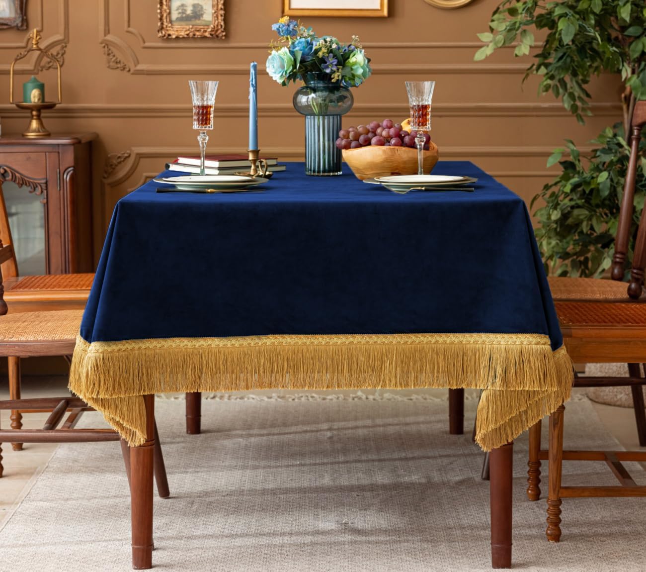 F-CHU Blue Tablecloth Thickset Velvet Tablecloth with Beautiful Gold Tassels Vintage Table Cloth for Home Decor Wedding, Party, Banquet and Events 60x86-Inch