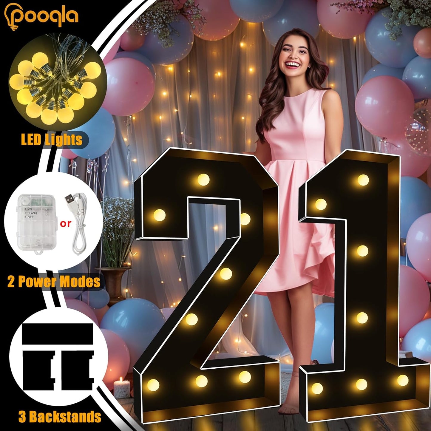Pooqla 3FT Marquee Light Up Numbers, Black Lighted Party Decor for her him Women Men, Giant Mosaic Light Up Numbers for 5th 15th 50th Birthday Anniversary Decoration, Number 5