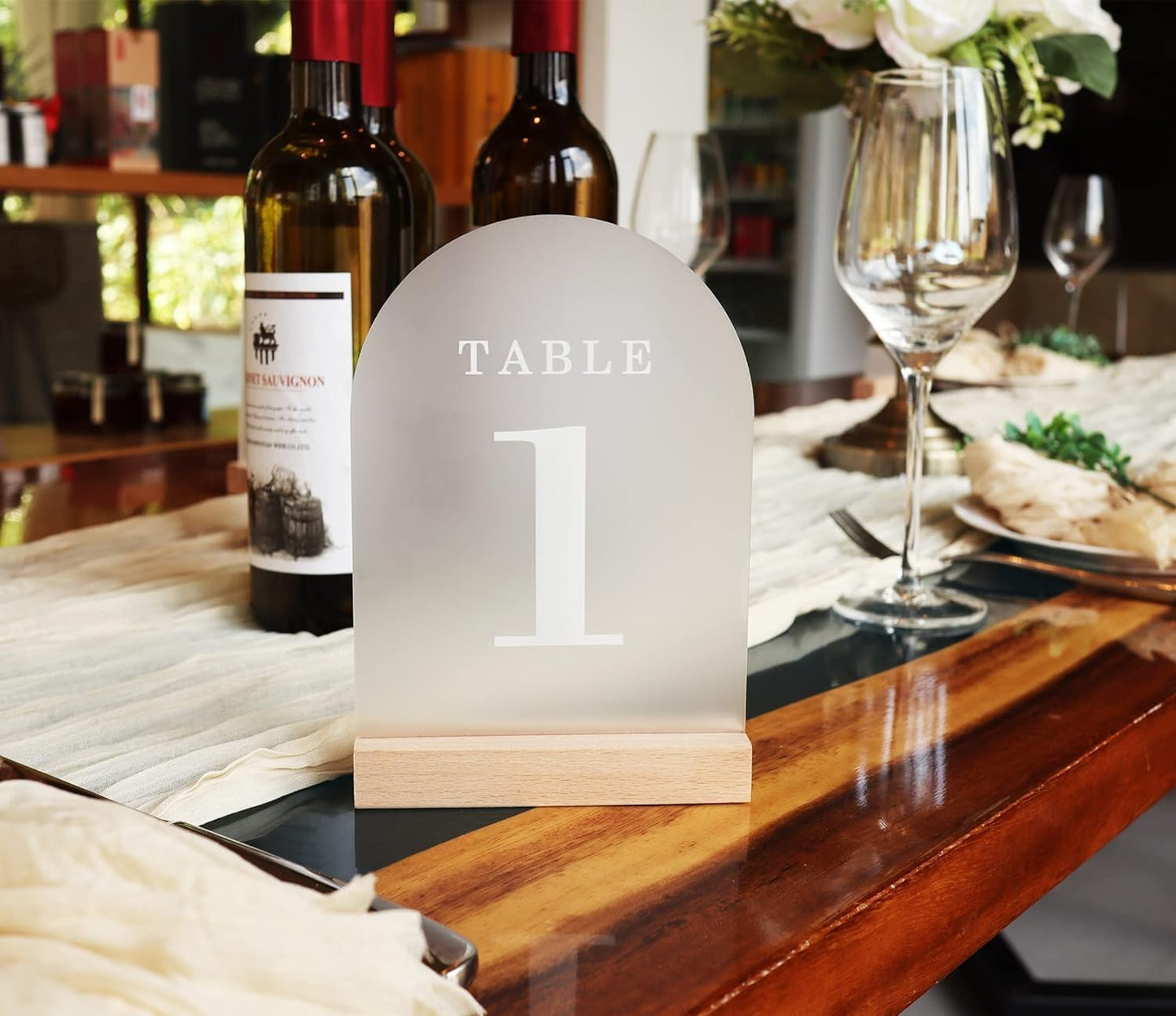 Wedding Table Numbers 21-25, Acrylic Arch Signs with Natural Wood Stands Holders, Rustic Table Decor for Reception & Parties (Frosted White)