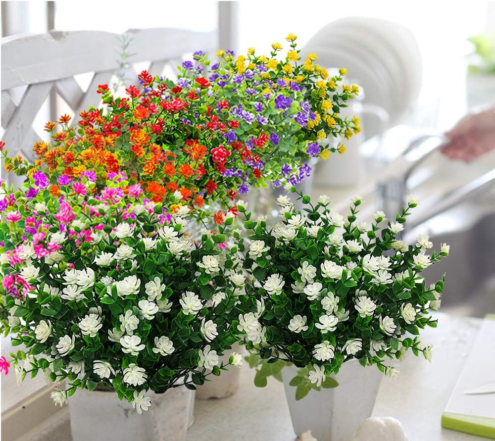 10 Bundles Artificial Fake Flowers, Faux Outdoor Plastic Plants UV Resistant Shrubs Outside Indoor Decorations (White-Eucalyptus)