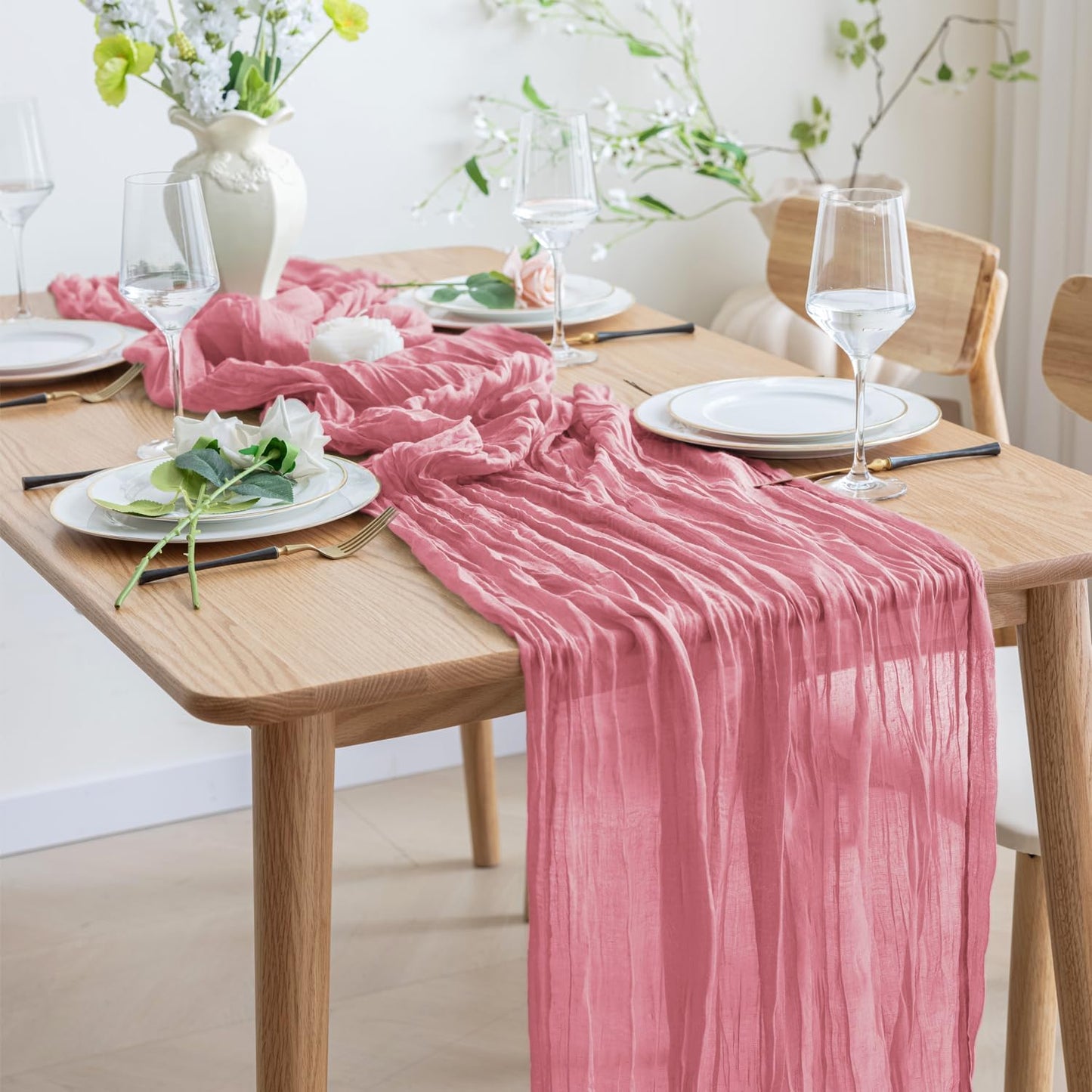 Asee'm 6pcs Cheesecloth Table Runner 120 Inches Dusty Rose Boho Gauze Cheese Cloth Runner 10FT Rustic Sheer Table Runners for Summer Wedding Baby Shower Holiday Party Decoration