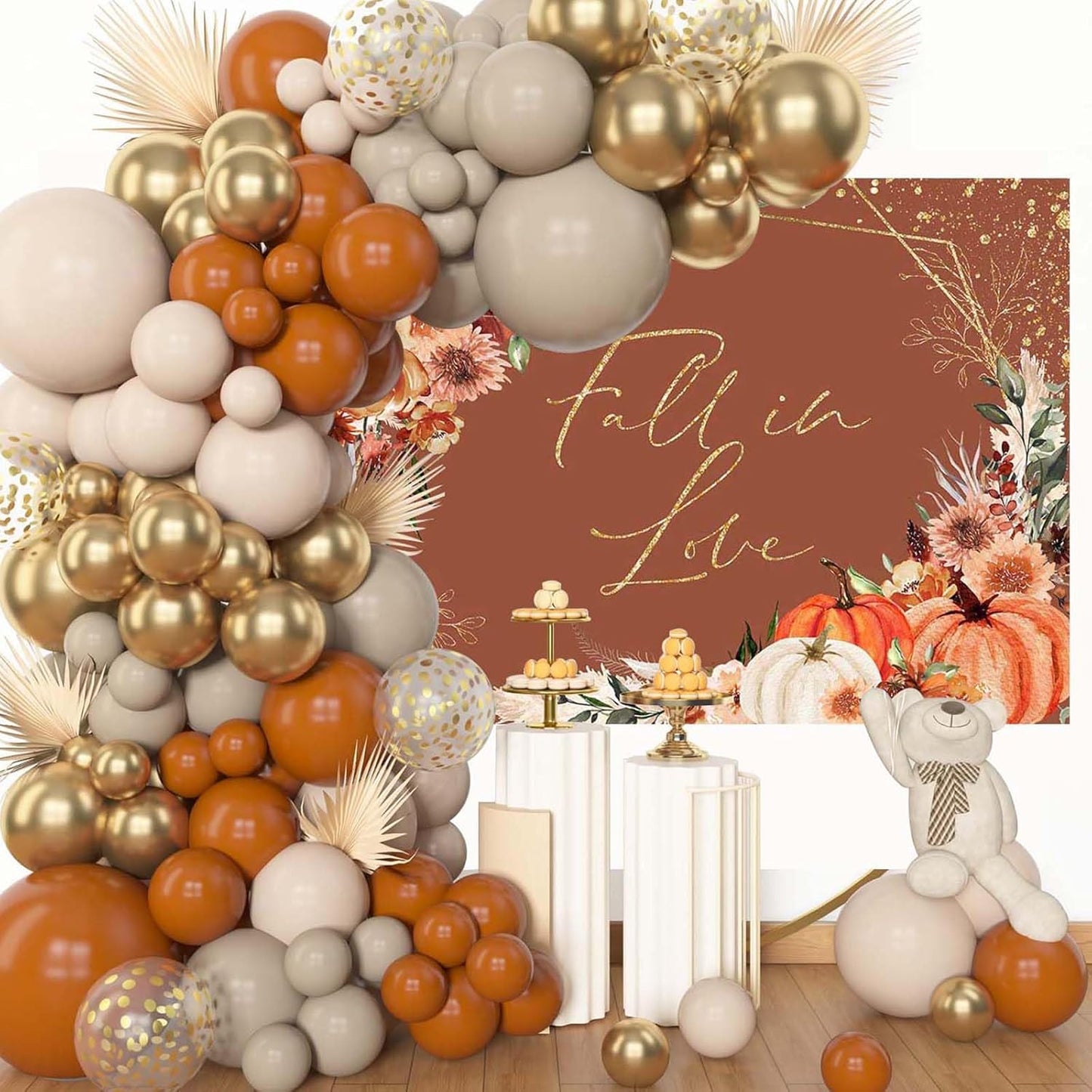 Mocsicka Fall in Love Bridal Shower Backdrop Boho Autumn Leaves Pumpkin Bride Shower Background Terracotta Flower Pampas Grass Wedding Party Banner Decoration (Terracotta, 7x5ft(82''x60''))