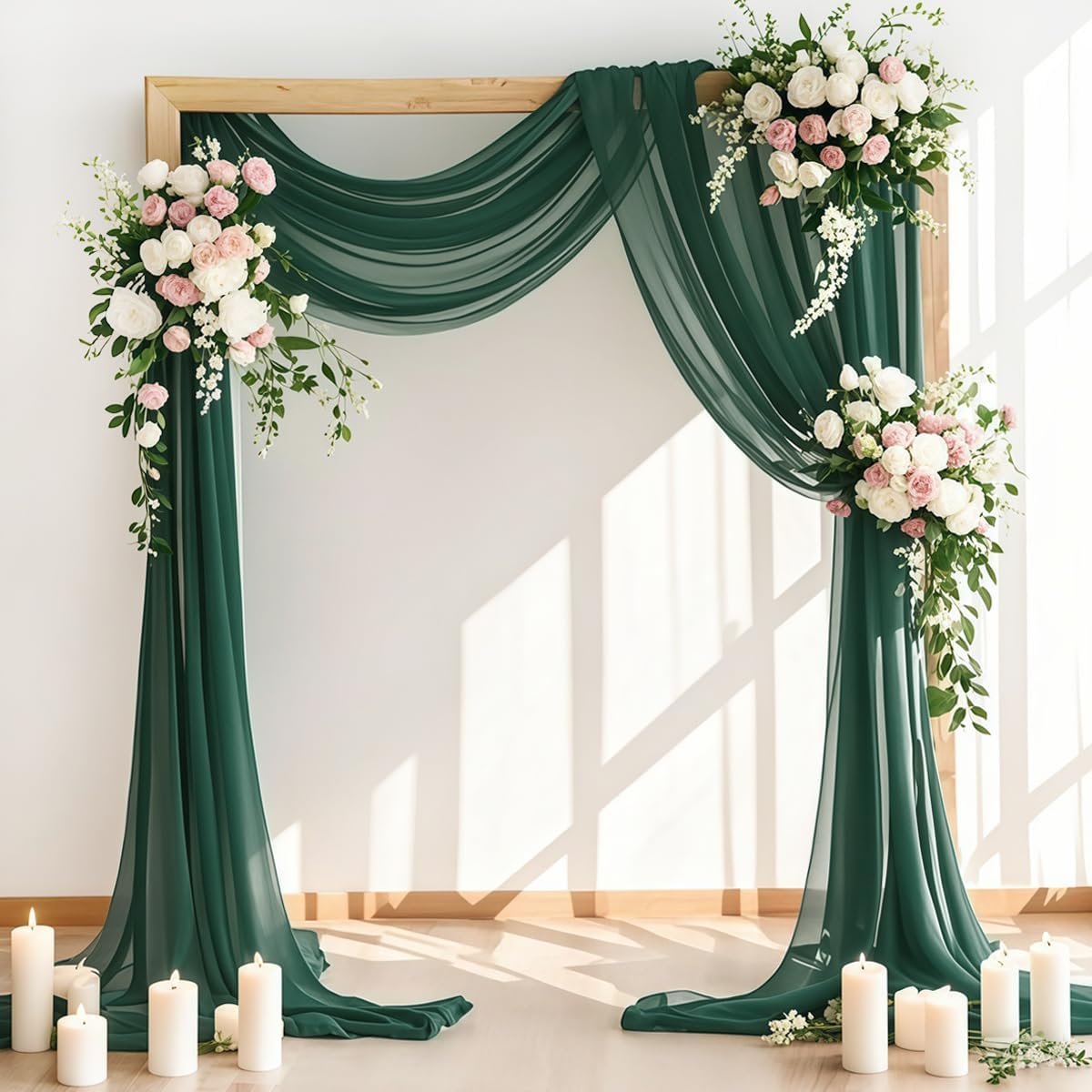 Wedding Arch Draping Fabric 2 Panels 30'' x 18FT Emerald Green Sheer Chiffon Arch Drapery for Photo Booth Bridal Shower Baby Shower Church Decor Newborn Photography Christening Outdoor Party