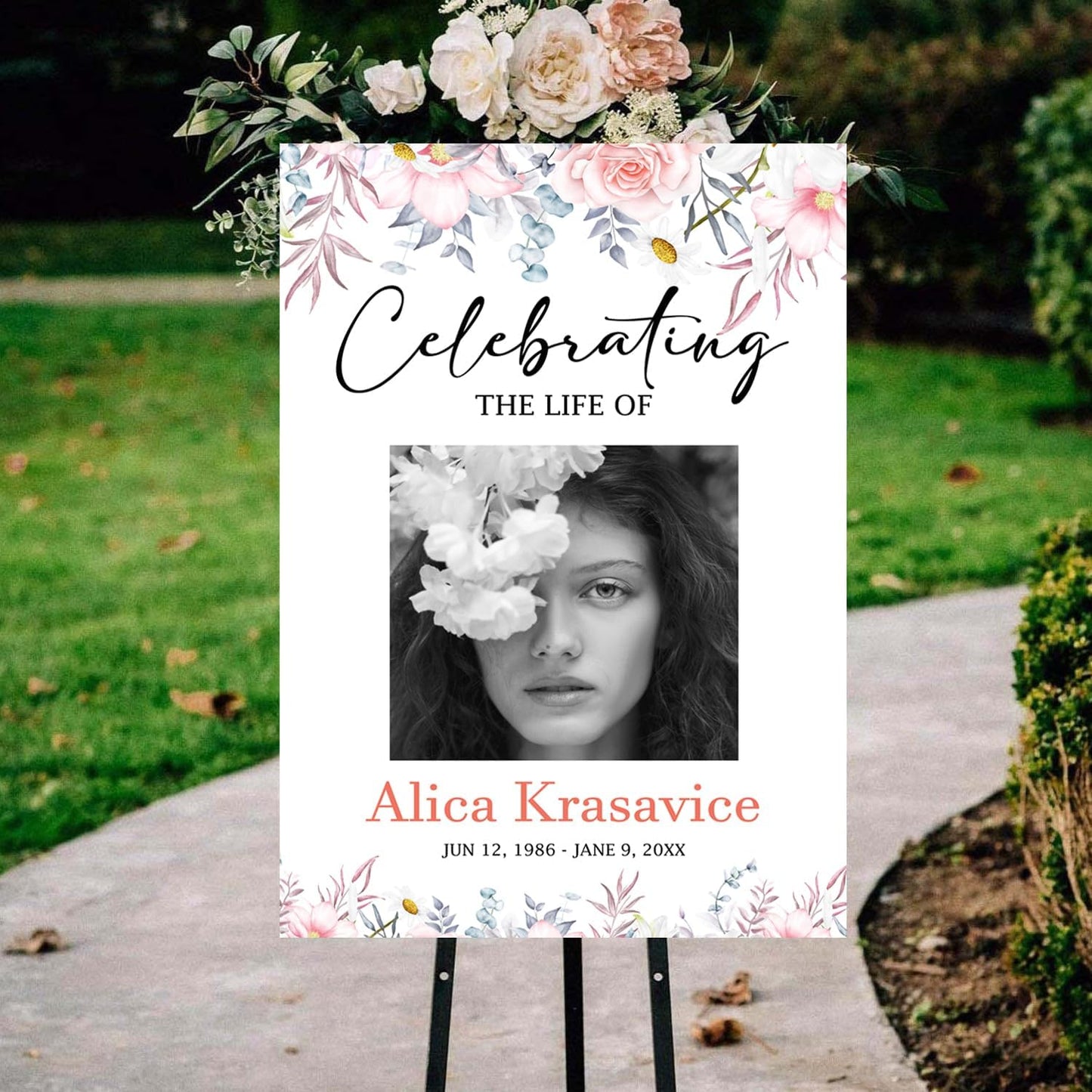 Greenery Funeral Welcome Sign, Celebration of Life Decoration, Large Funeral Sign, Memorial Sign, Funeral Décor, Obituary, Funeral Program, Blush Pink Rose Funeral Welcome Sign, #Version 07