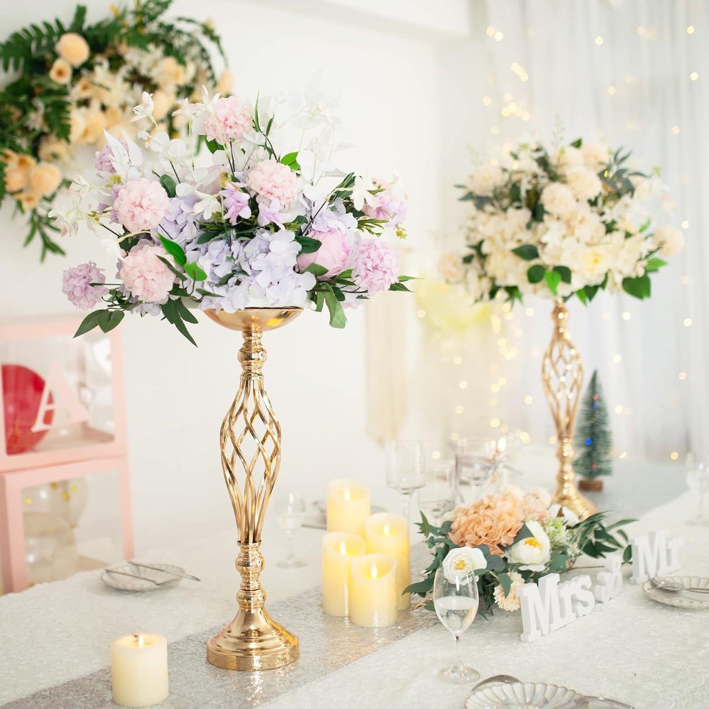 2 Pcs Wedding Centerpieces for Reception Tables, Twist Candleholders Stands Ornaments, Metal Centerpieces Flower Vase for Wedding Party Dinner Event Hotel Home Decor