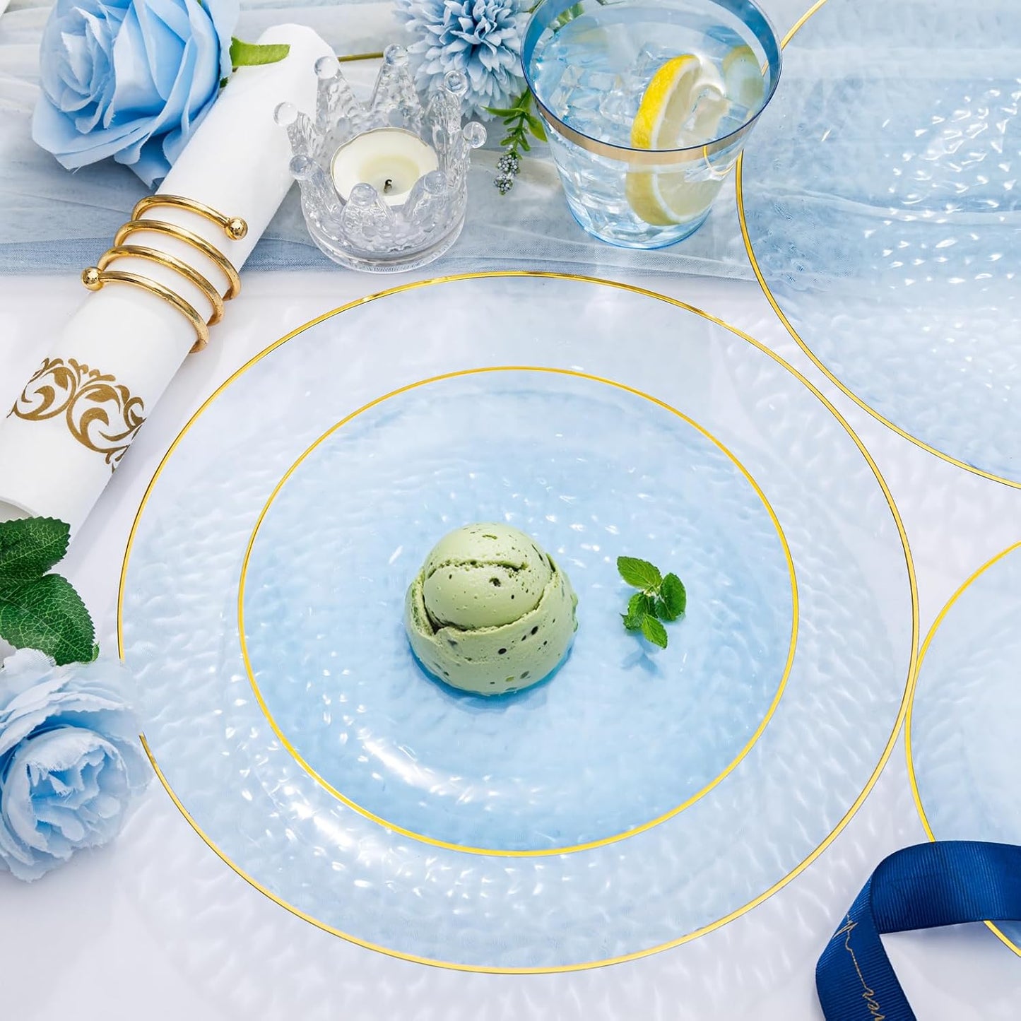 Rubtlamp 350 Pcs Clear Blue Plastic Plates, Blue Gold Plastic Dinnerware Set (50 Guests), Blue Disposable Plates With Gold Rim, Hammered Party Plates Set for Christmas Wedding And Party