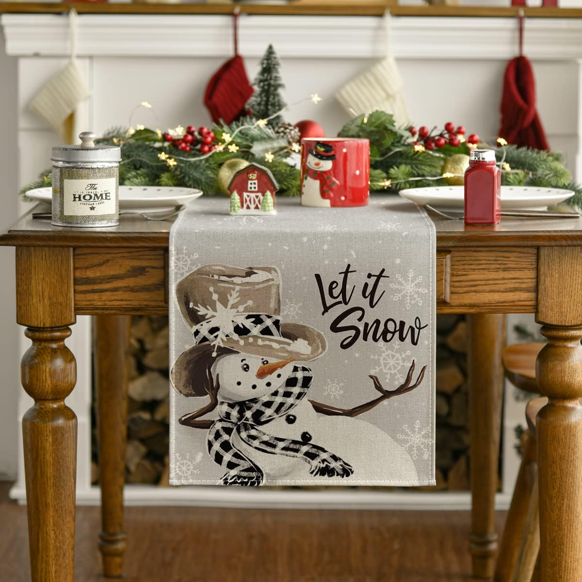 Artoid Mode Grey Snowman Snowflake Let it Snow Christmas Table Runner, Seasonal Winter Kitchen Dining Table Decor for Home Party Indoor 13x48 Inch