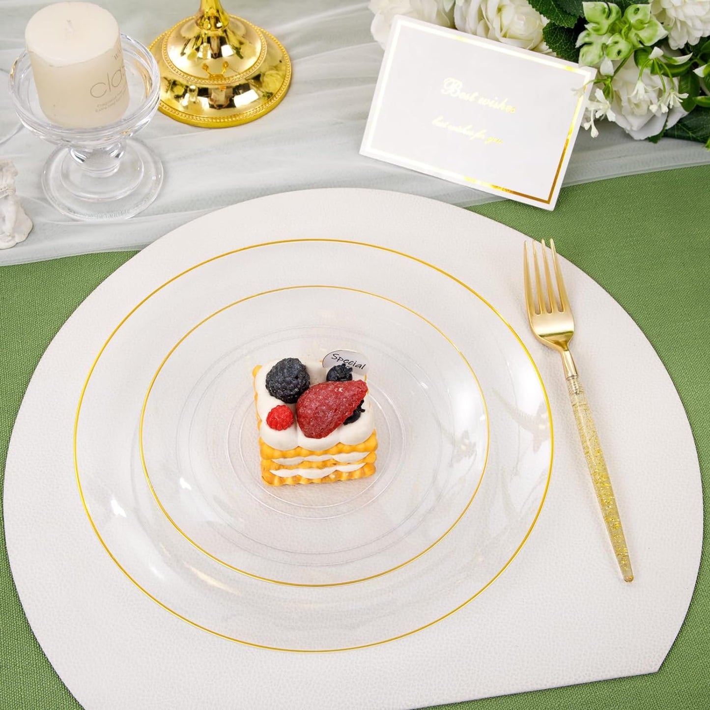 Liacere 150PCS Clear Gold Plastic Plates - Gold Plastic Silverware with Glitter Handle - Clear Disposable Plates Include 30 Guests Plates, Forks, Spoons, Knives for Wedding & Party&Chrismas
