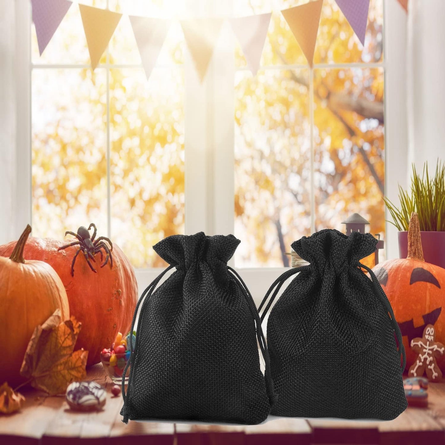 20Pcs Black Burlap Bags 5x7 inch, Drawstring Linen Gift Bags Small Jewelry Jute Sacks Halloween Candy Pouch Wedding Party Favor Bags