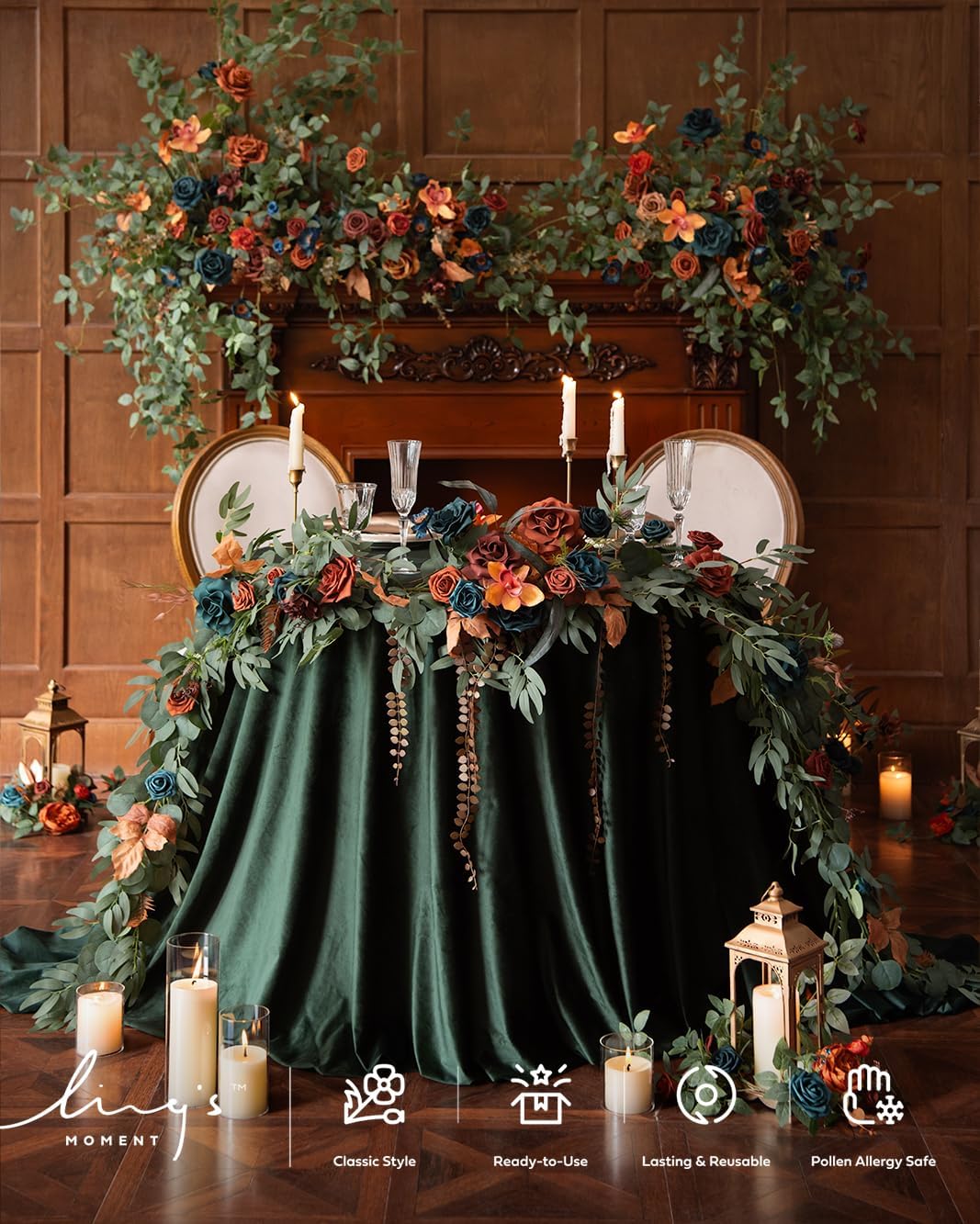Ling's Moment Flower Garland - 6FT Eucalyptus & Rose - Sweetheart Table Decor for Wedding Reception, Artificial Floral Garland for Mantle, Christmas Decoration, Dark Teal & Burnt Orange