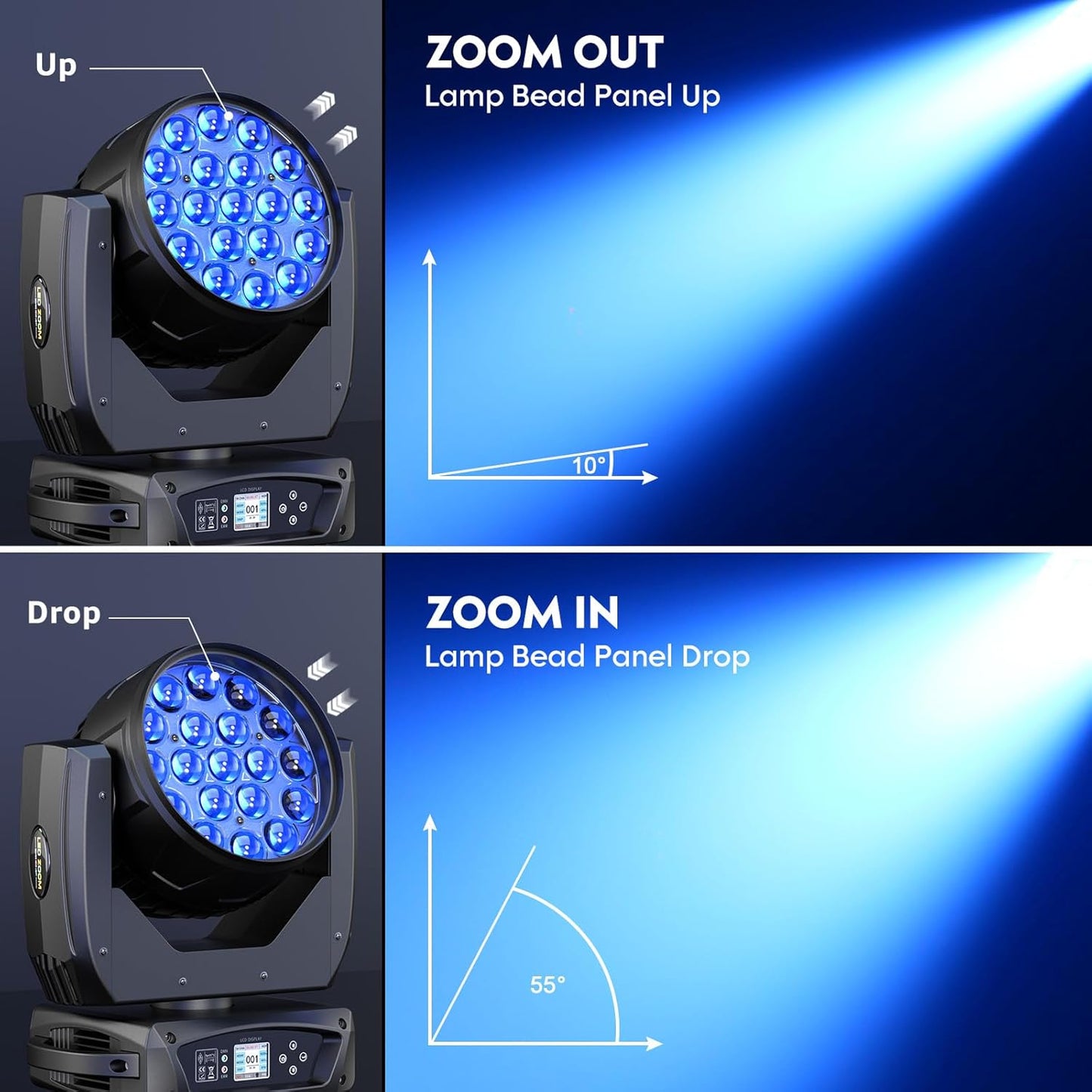19x10W Moving Head Light Focusing/Beam/Wash/Zoom Effect Stage Lights 4-in-1 LED DMX512 & Sound Activated Control for DJ Disco Nightclub KTV Bar Theater Shopping Mall (6 PCS