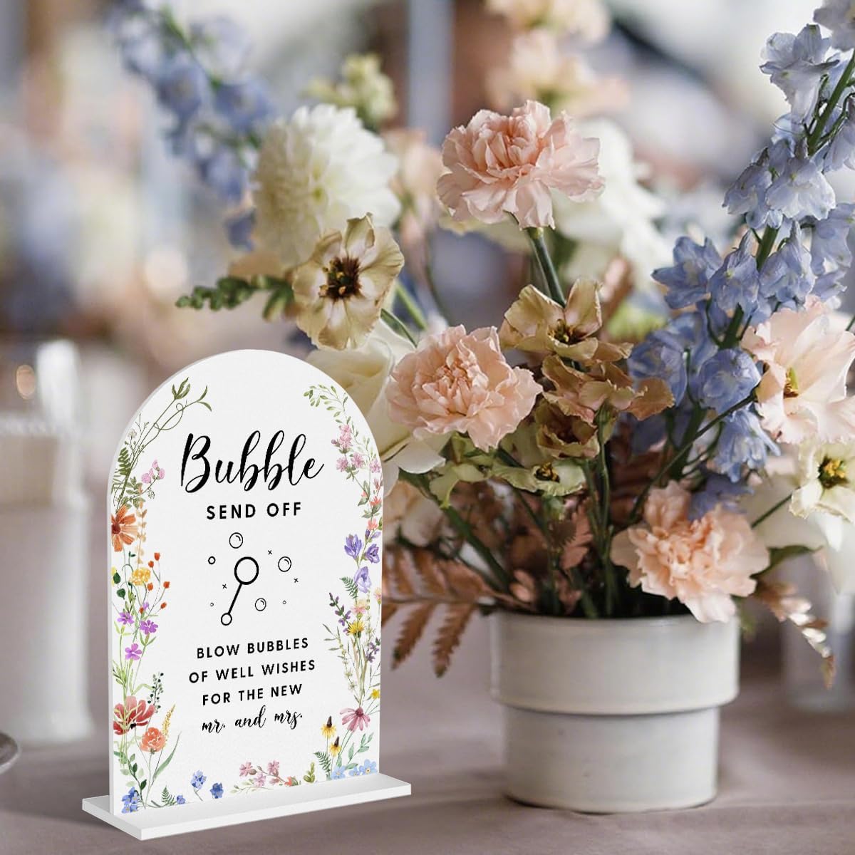Acrylic Wedding Signs, Bubble Send Off Signs for Marriage Reception, Bridal Shower Decorations, Modern Arched Round Top Acrylic Table Top Sign with Holder for Wedding Party Dinner (White Wildflowers)