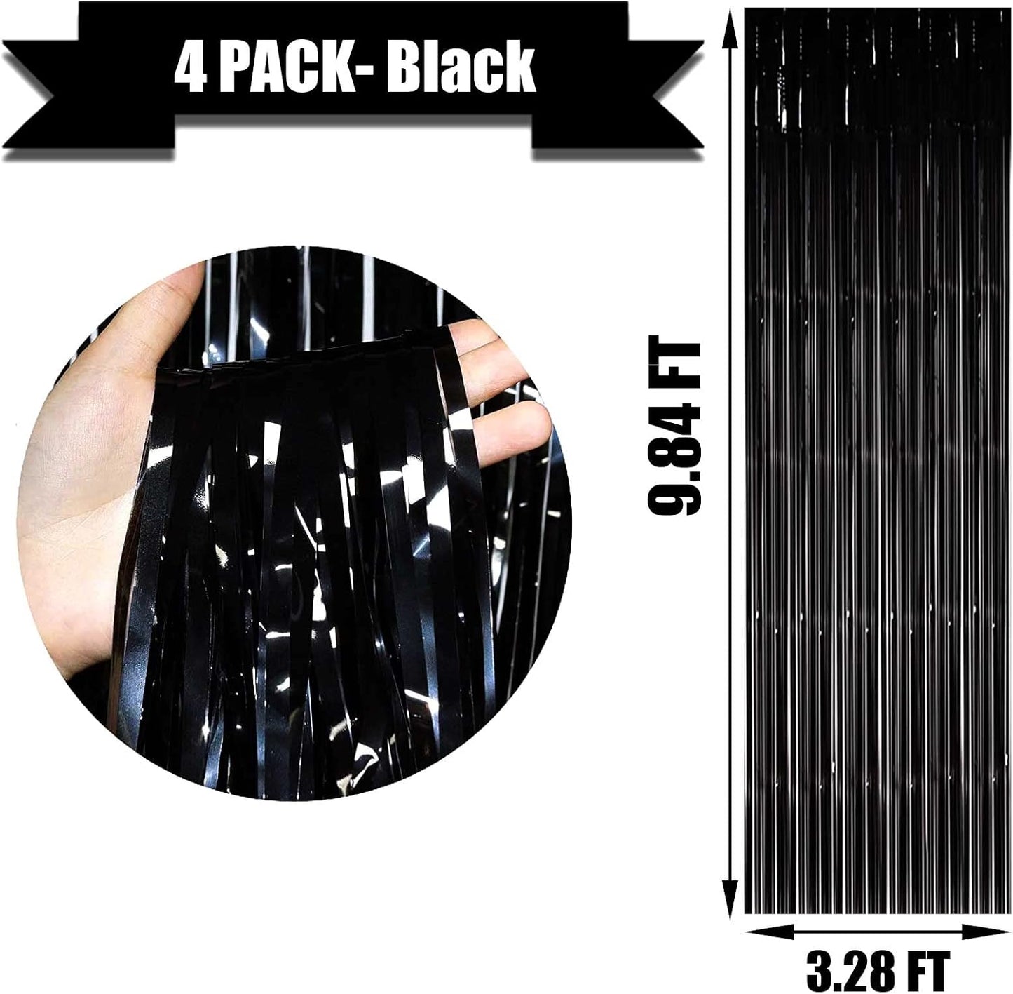 4 Pack Black Foil Fringe Curtain Backdrop, 3.28Ftx9.84Ft Metallic Tinsel Foil Fringe Streamers Curtains for Party, Photo Booth Props, Birthday, 2022 Graduation Decoration Supplies