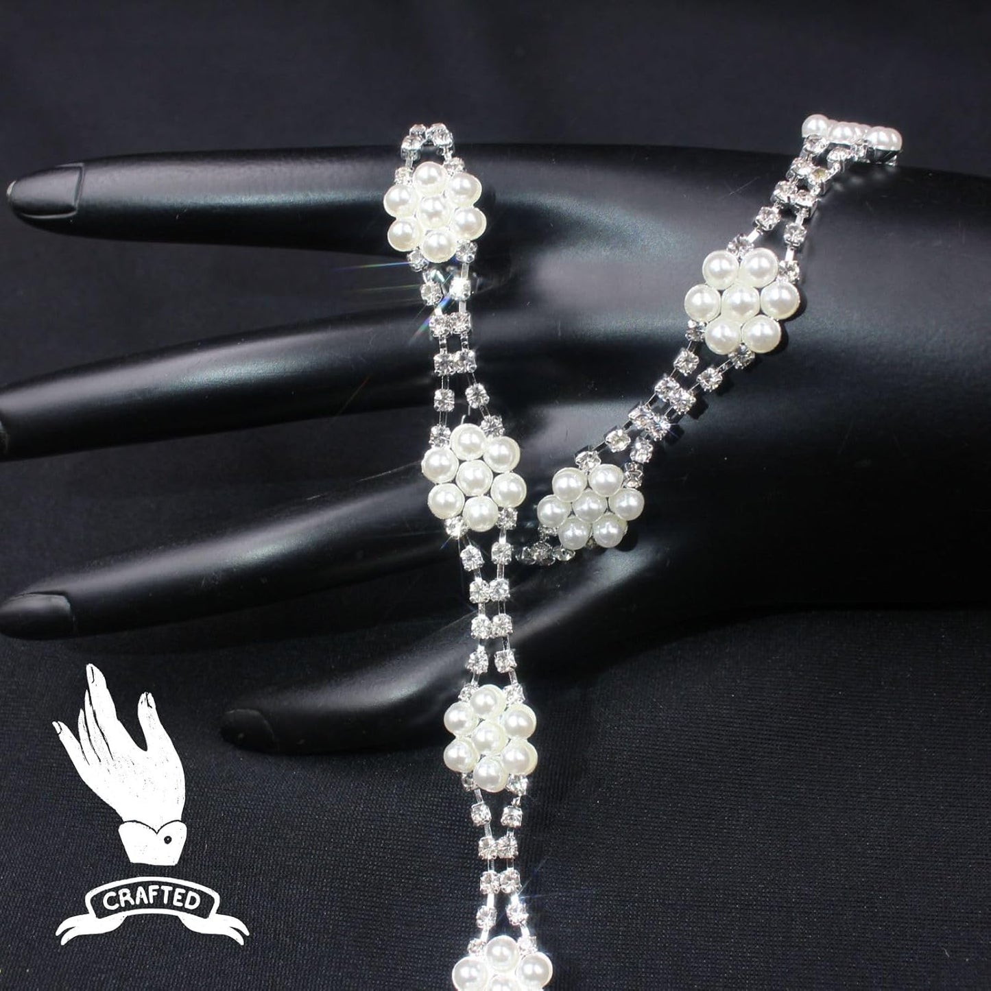 PEARLY JUN 2 Yards Pearl Rhinestone Trim Chain Silver Crystal Fringe Diamond Applique Ribbon String Tassel Strip for Sewing Wedding Dress Crafting Crafts Flower Embellishments