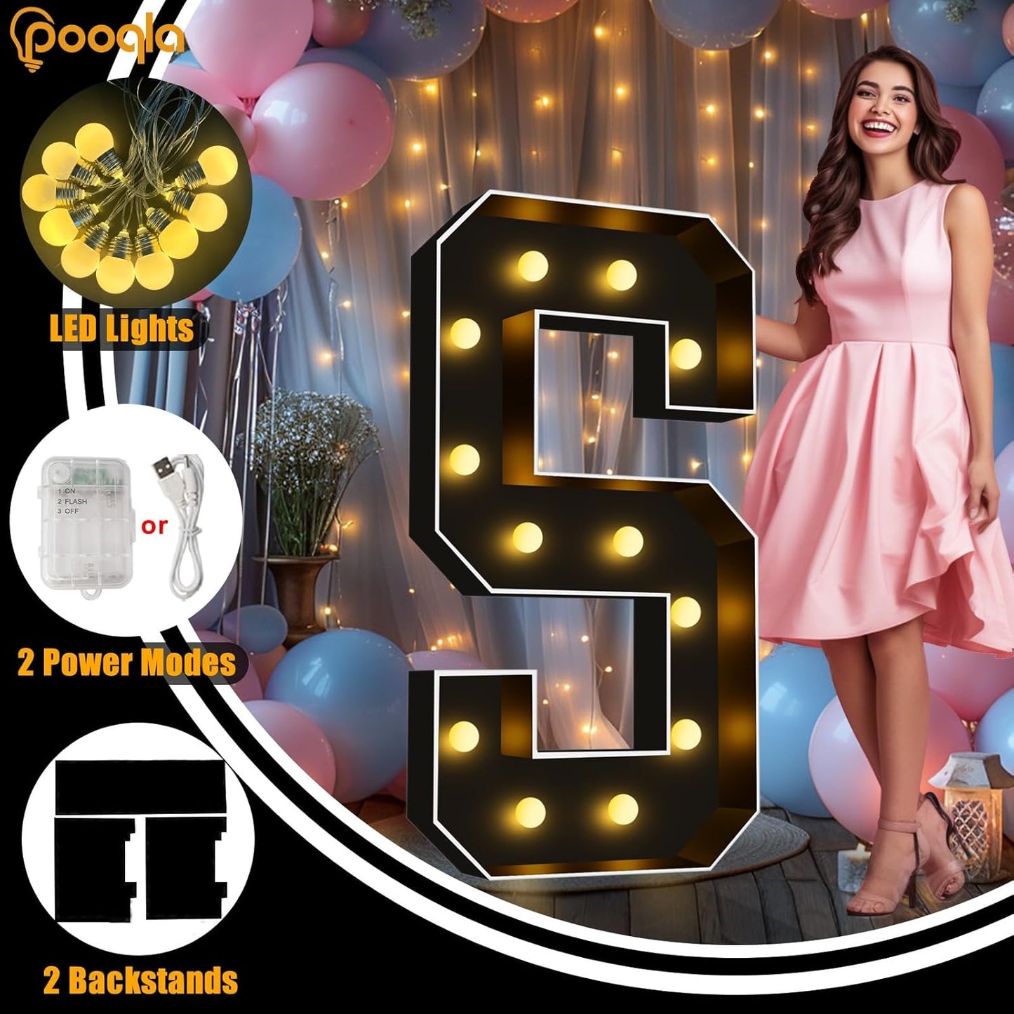 Pooqla 4 FT Marquee Light Up Letters, Black Marquee Letter Lights 4 Feet Tall for Birthday Decoration, Big Mosaic Letters Sign for Balloons Party Anniversary Wedding Decorations, Giant Warm White X