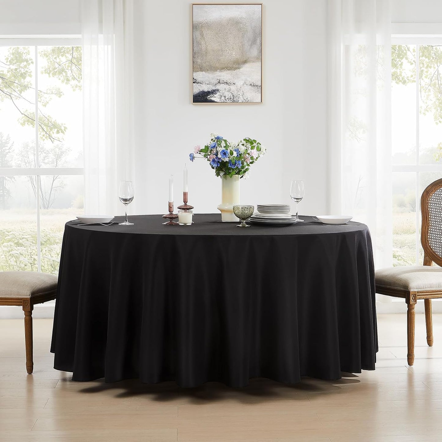 Round Tablecloth 132 Inch 1 Pack Black Tablecloths Washable Decorative Linen Polyester Table Clothes Cover for Dining Table Banquets Buffet Parties and Wedding
