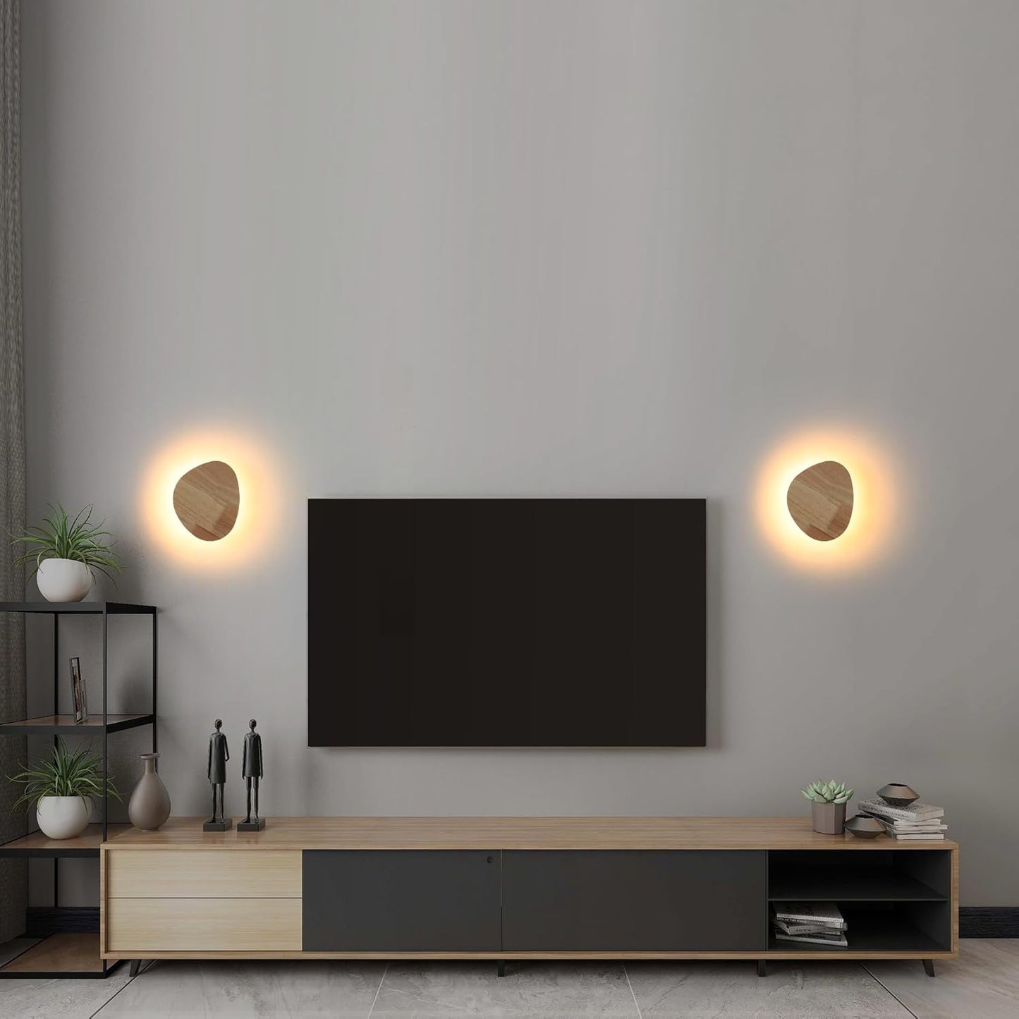 Modern Minimalist Plug in Wall Sconces, 7.9'' Plug-in Or Cordless Wood Backlight LED Wall Lamp, 8W, 700LM Warm White Brightness Wall Light Fixtures for Bedroom, Living Room Wall Décor