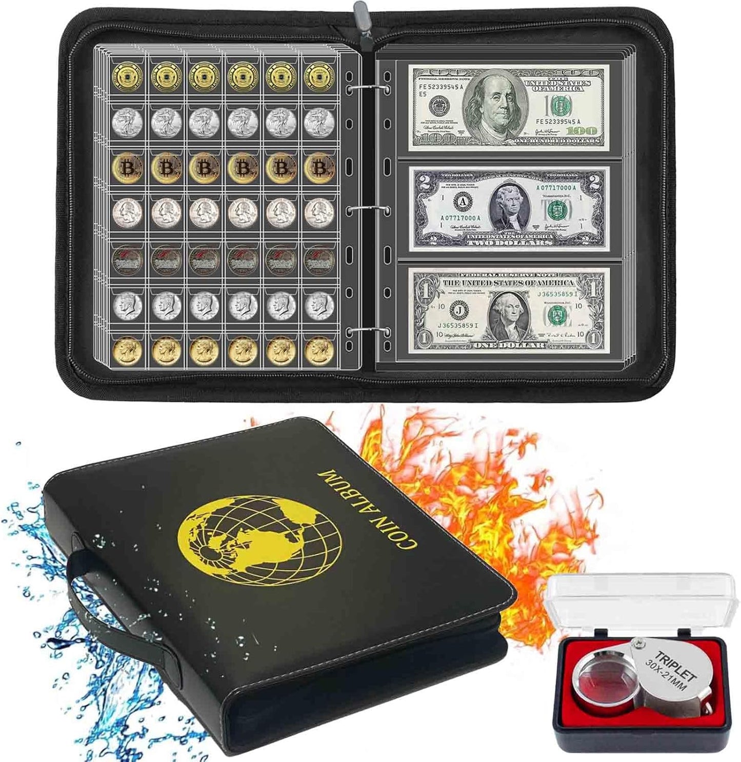 Fireproof Coin Currency Collection Album Book for Collectors, 360 Pockets and 15 Sleeves Paper Money Collecting Album for Coin Currency Collection Supplies, Stamp, Bill