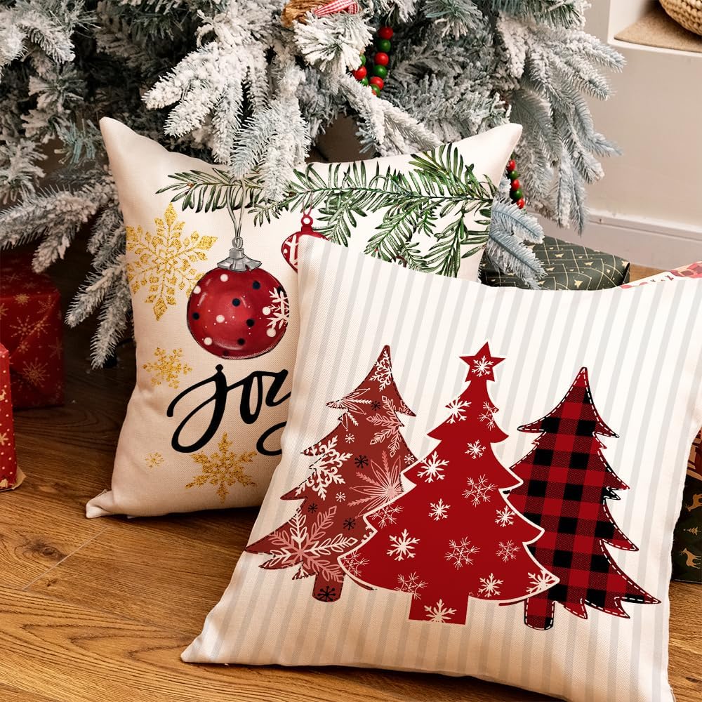 GEEORY Winter Christmas Throw Pillow Covers 16 x 16 Inch Set of 4, Xmas Trees Snowflake Snowman Joy Holiday Farmhouse Decorative Cushion Cases for Home Decoration G583-16