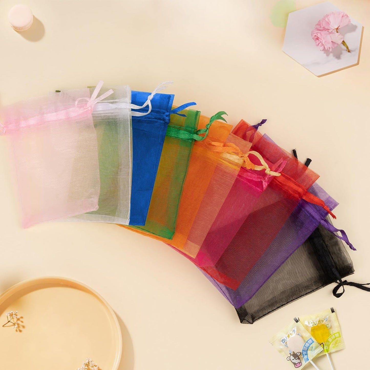 50 Pcs Pink Organza Bags 3x4 Inch, Jewelry Pouch Bags Small Mesh Bag Drawstring Gift Goody Bag for Candy Party Favor Wedding