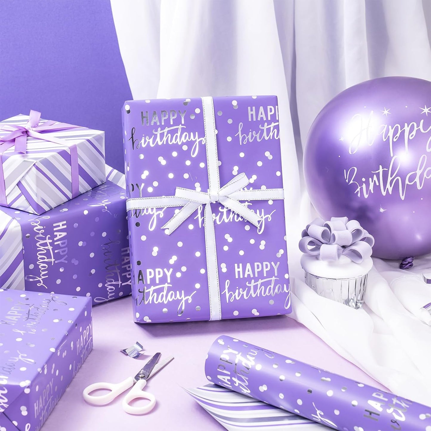 LeZakaa Reversible Purple Birthday Wrapping Paper Roll for Girls Women, Happy Birthday Lettering & Stripe Pattern with Metallic Foil in Purple, Mini Roll, 17 inches x 32.8 Feet (46.45 sq.ft.)