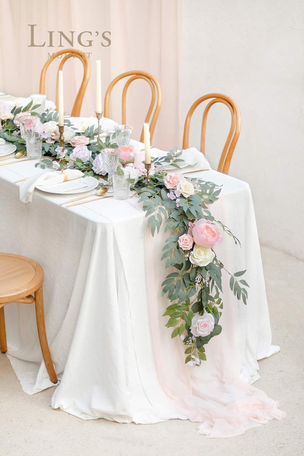 Ling's Moment Arch Flower Garland - 6FT Eucalyptus & Rose - Sweetheart Table Decor for Wedding Reception, Artificial Floral Garland for Mantle, Thanksgiving, Christmas Decoration, Blush Pink & Cream
