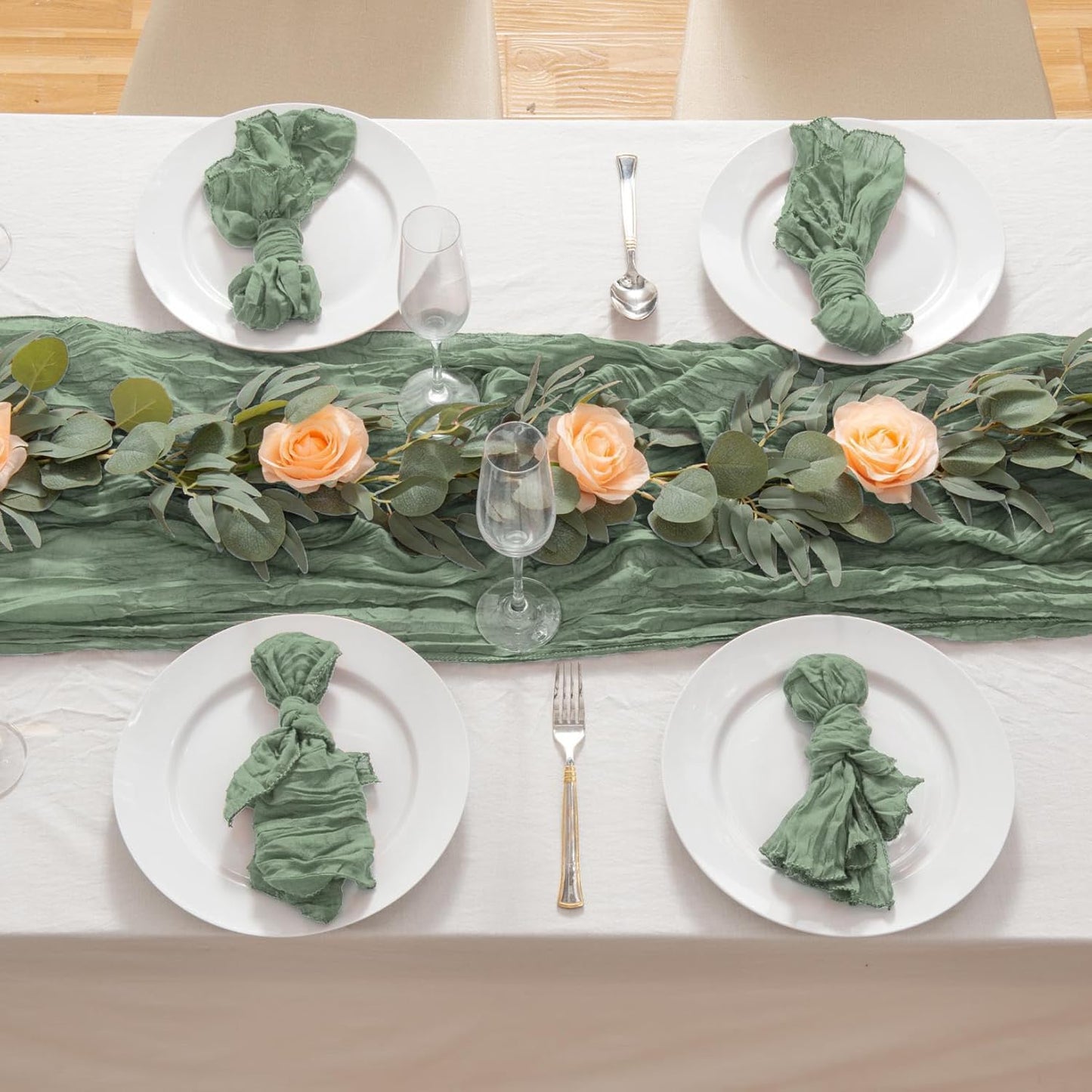 20 Pack Sage Green Cheesecloth Table Runner 17x108 Inch Boho Wrinkled Sheer Romantic Gauze Cheese Cloth Table Runner Bulk Decor for Wedding, Bridal Shower, Birthday Party