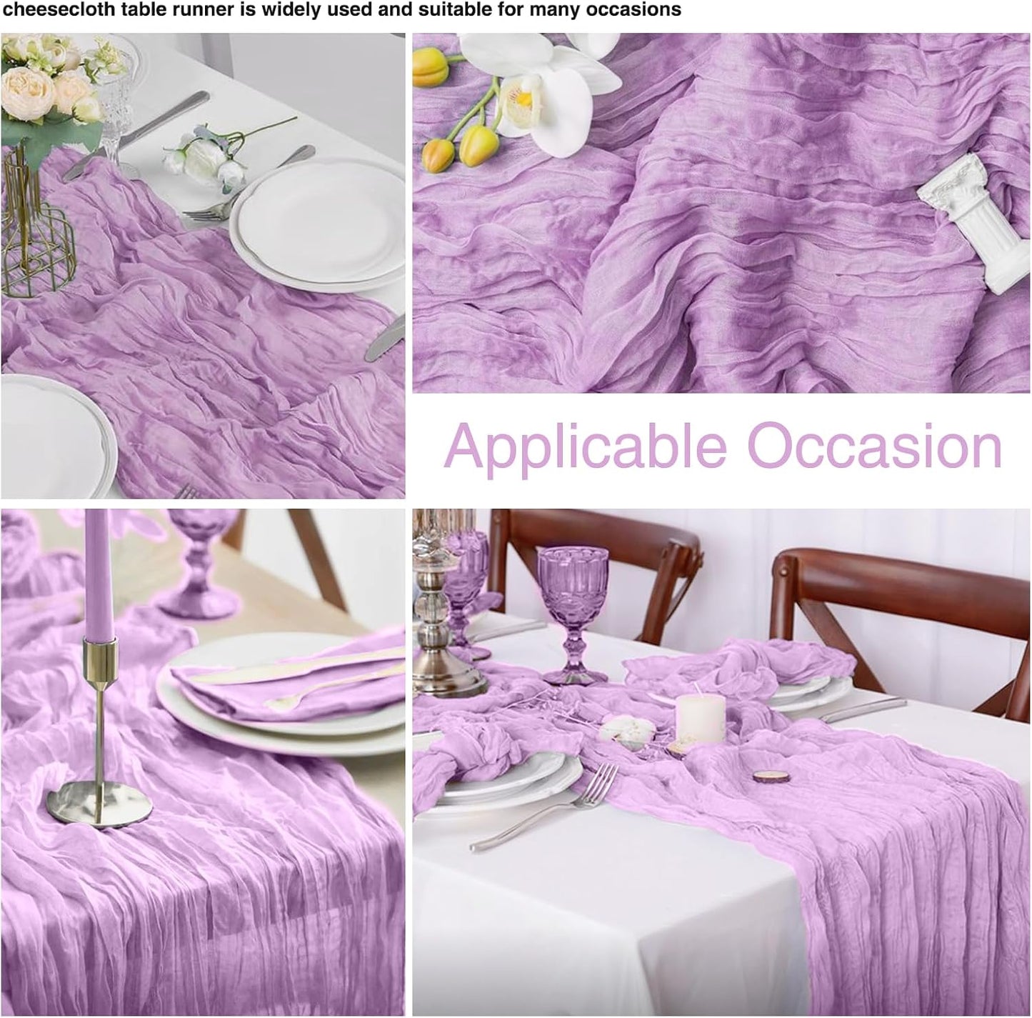 12 Pack Lavender 10 Ft Cheesecloth Table Runner 20x120 Inch Boho Wrinkled Sheer Romantic Gauze Decor for Wedding, Bridal Shower, Birthday Party