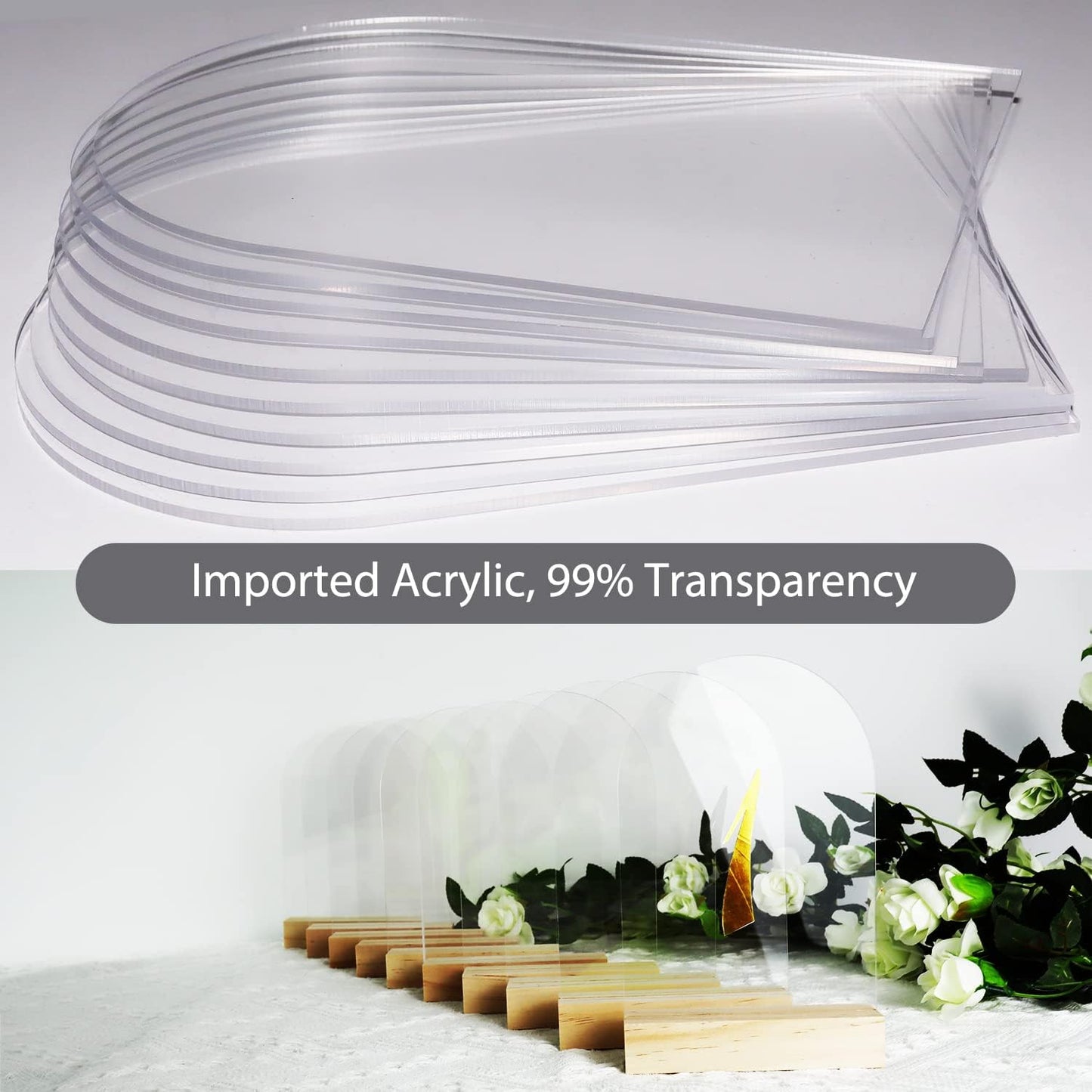 Clear Acrylic Sign with Wooden Stand Table Numbers DIY, 10 Pack Acrylic Sheets Table Signs for Wedding, 4x6 Inch Arch Signs Blank for Restaurant Party Bridal Shower (No printing included)