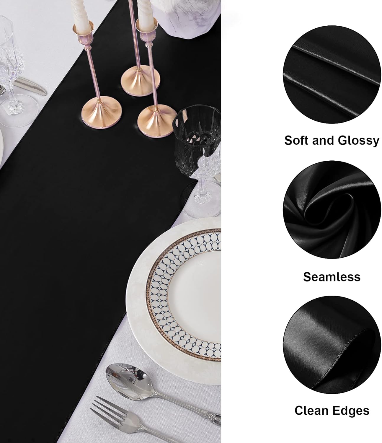12Pack Table Runner 12 x 108 Inches Satin Silk Table Runner for Wedding, Birthday Party, Banquets, Graduations Decoration, fit Rectange and Round Table-Black