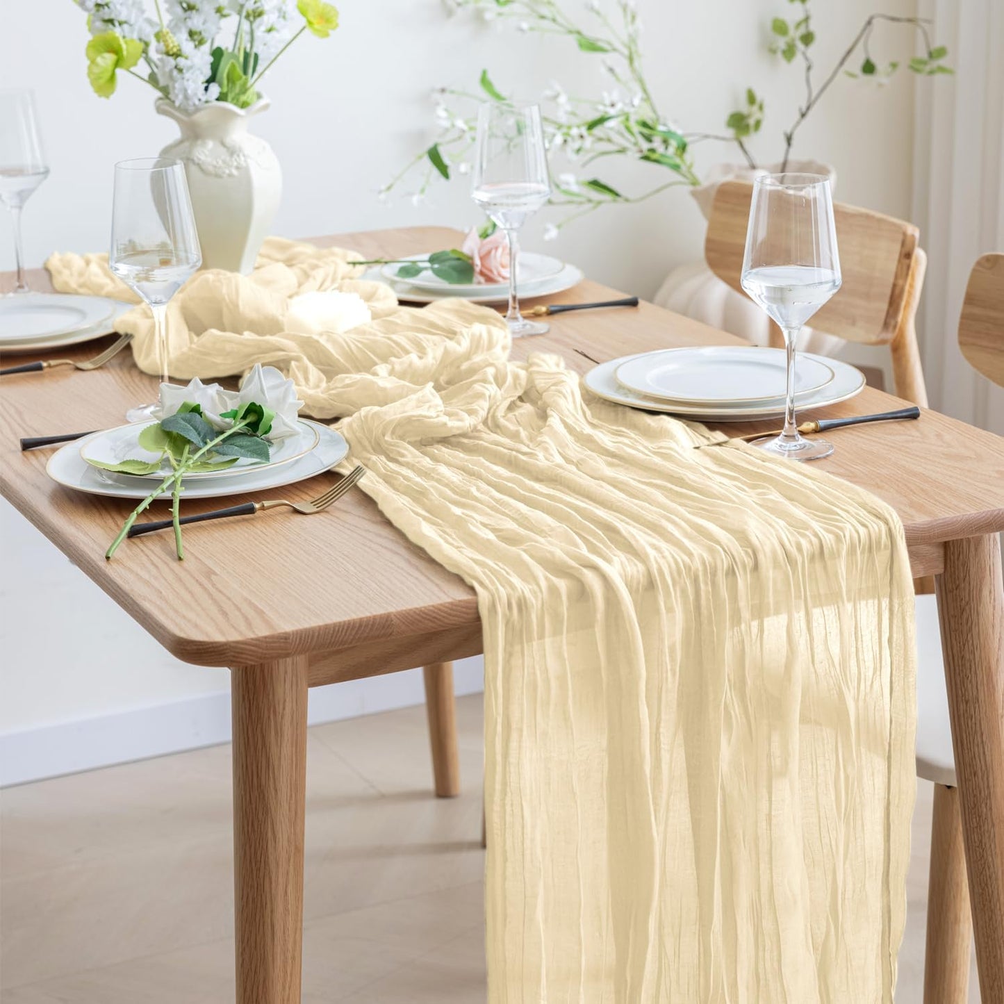 Asee'm 4pcs Cheesecloth Table Runner 120 Inches Long Beige Boho Gauze Cheese Cloth Runner 10FT Rustic Sheer Table Runners for Christmas Wedding Party Baby Shower Spring Easter Decoration
