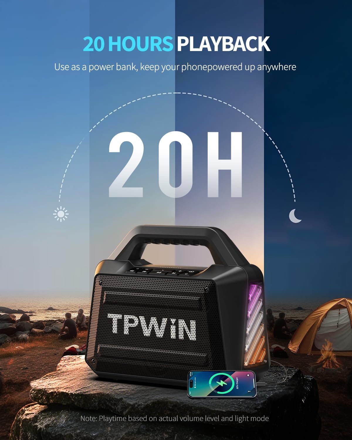 Bluetooth Speaker - 80W Loud Rugged Outdoor Speakers, IPX6 Waterproof, 20H Playtime, Deep Bass, Lightshow, TWS, BT 5.3 Wireless, Portable for Travel Hiking Camping Beach Pool - Black